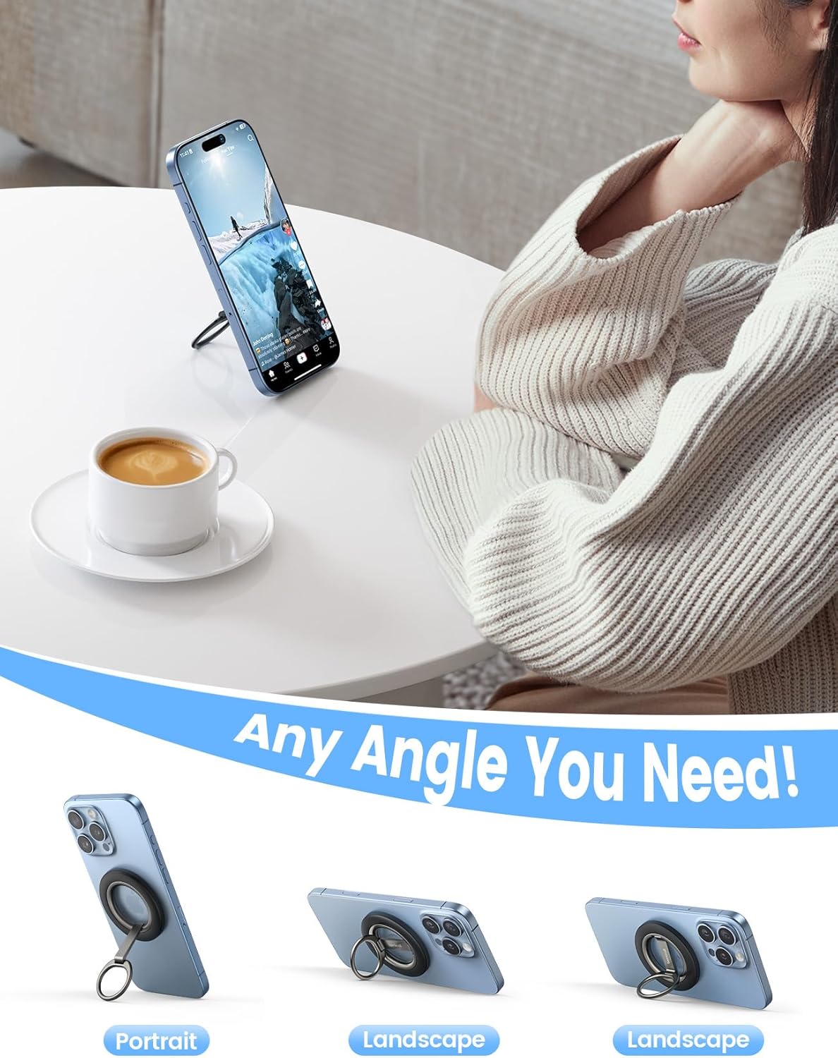 Lamicall 2025 [Stable Dual-Hinge] Magnetic Phone Grip Stand for MagSafe, Finger Ring Holder Phone Kickstand [Super Magnet] 360° Rotation Ring, Mag Safe Accessories for iPhone 16 15 14 Pro Max, Android