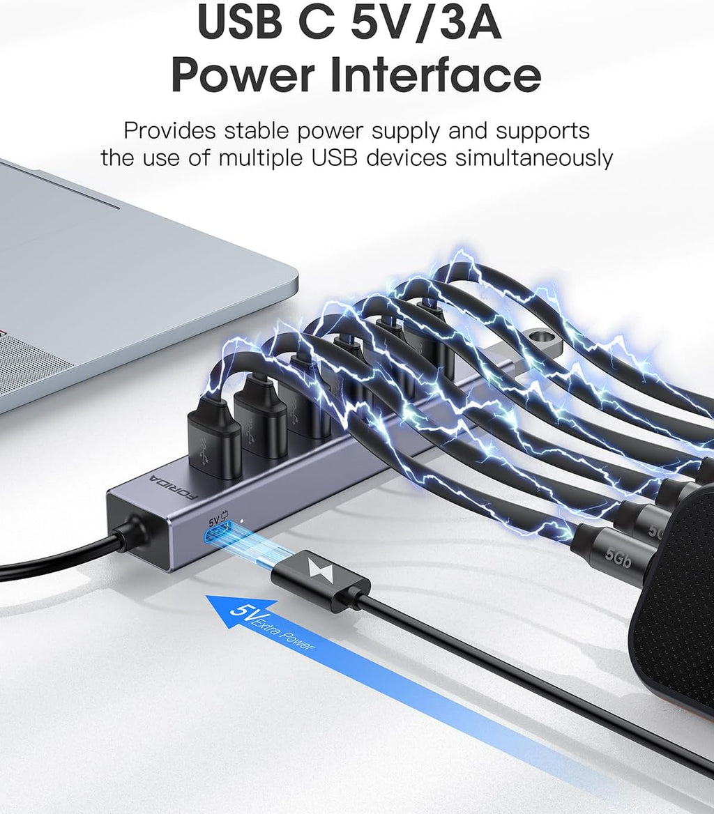 FORIDA USB to USB Hub Long Cable, 8 Ports USB 3.0 Adapter with 7 USB 3.0 Data Ports,USB Splitter with USB C 5V/3A Power Port, 47IN/120CM Main Cable for Laptop PC and More (USB A, 47IN)