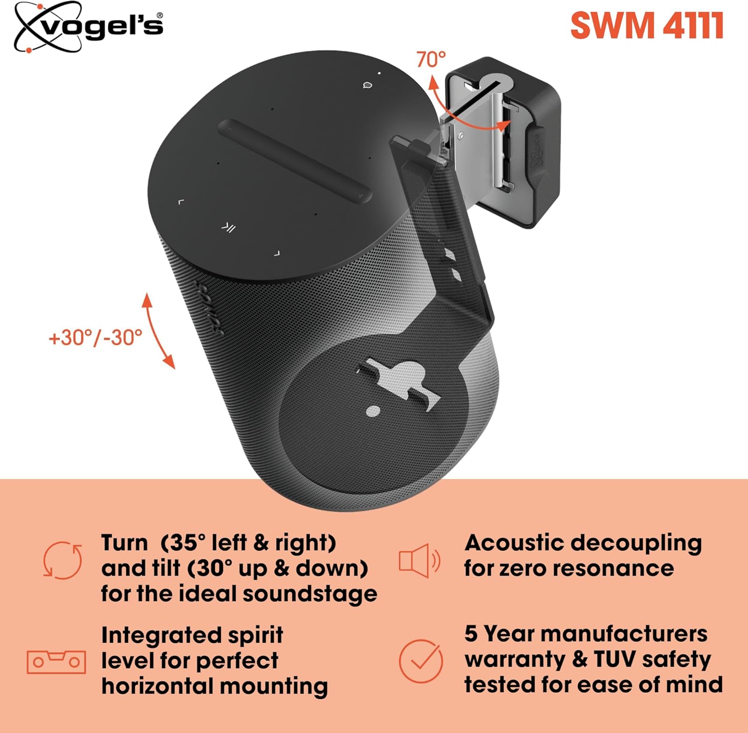Vogel's SWM 4111 Speaker Wall Bracket for Sonos ERA 100, Max. 11 lbs (5 kg), Tiltable -30º/+30º, Swivels up to 70º (Left/Right), Black, 1 Bracket