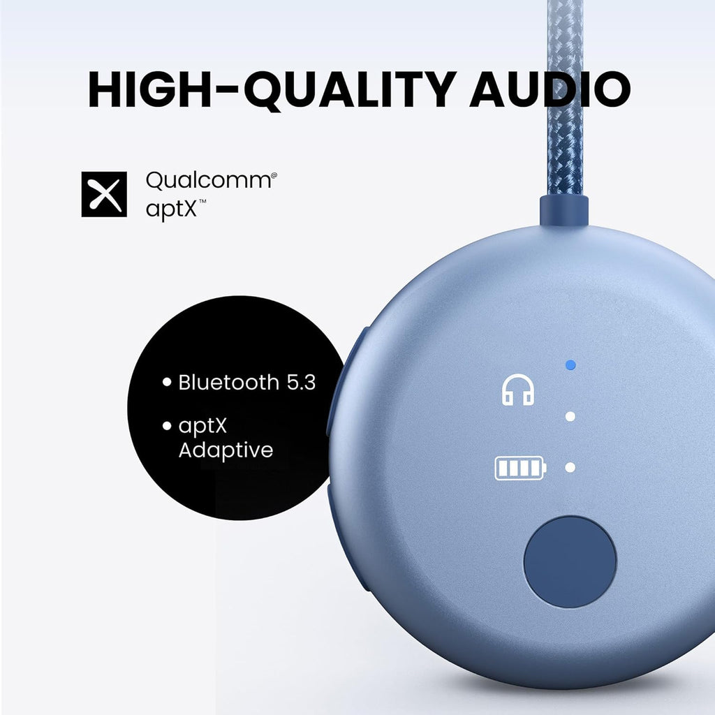 Avantree SoundJet R1 – Airplane Bluetooth Adapter for Headphones & AirPods, aptX Adaptive, Qualcomm Chipset, 20H Battery, Wireless Audio Transmitter for in-Flight Travel Essentials - Sky Blue