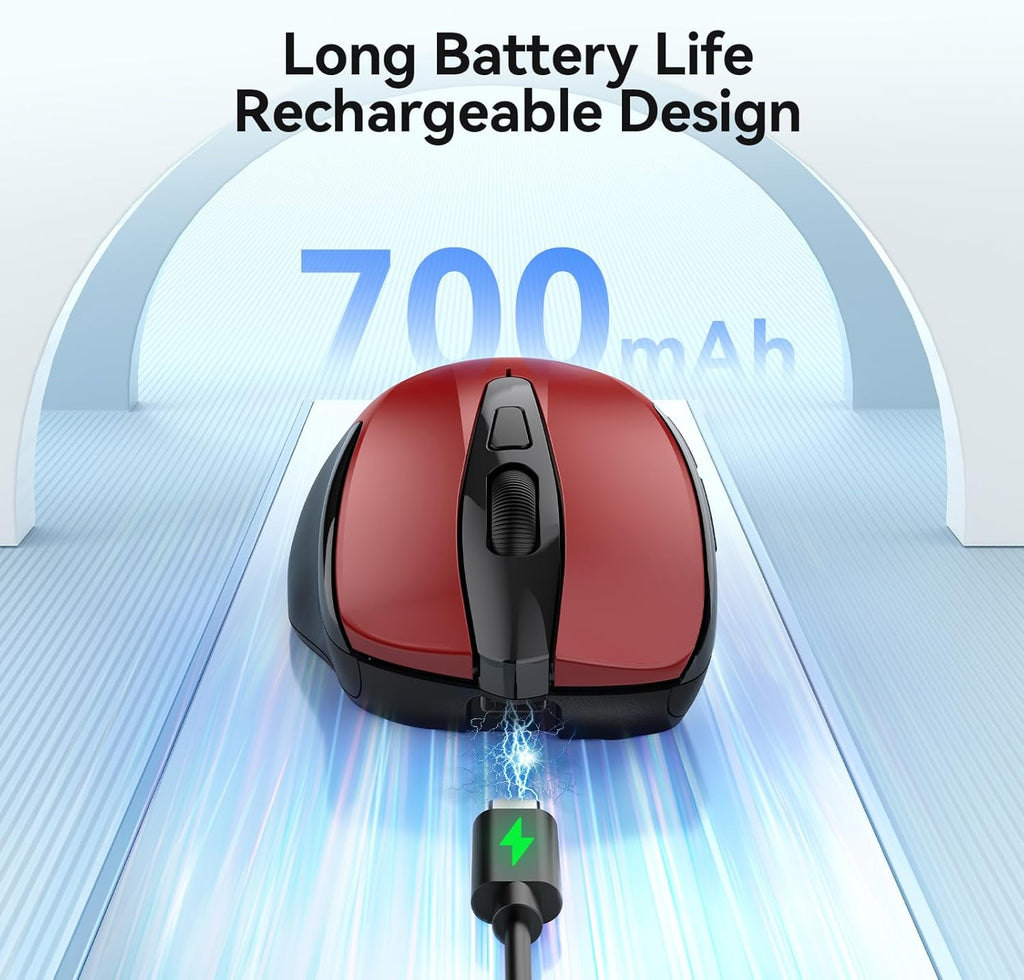 TECKNET Rechargeable Jiggler Wireless Mouse (BT5.0/3.0 & 2.4G) 4800 DPI Silent USB A & Bluetooth Mouse 6 Buttons, Wide Compatibility - Red