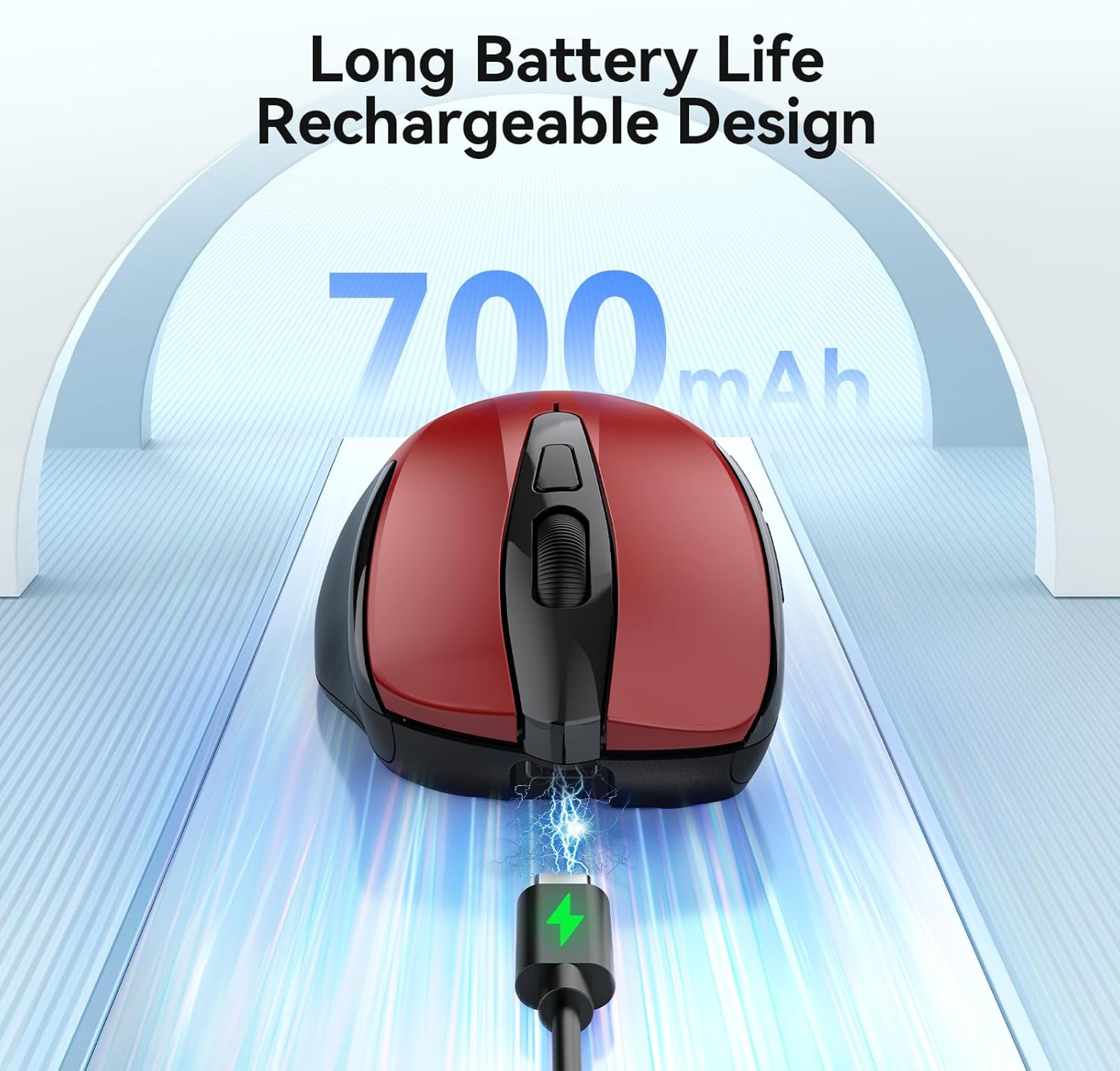 TECKNET Rechargeable Jiggler Wireless Mouse (BT5.0/3.0 & 2.4G) 4800 DPI Silent USB A & Bluetooth Mouse 6 Buttons, Wide Compatibility - Red