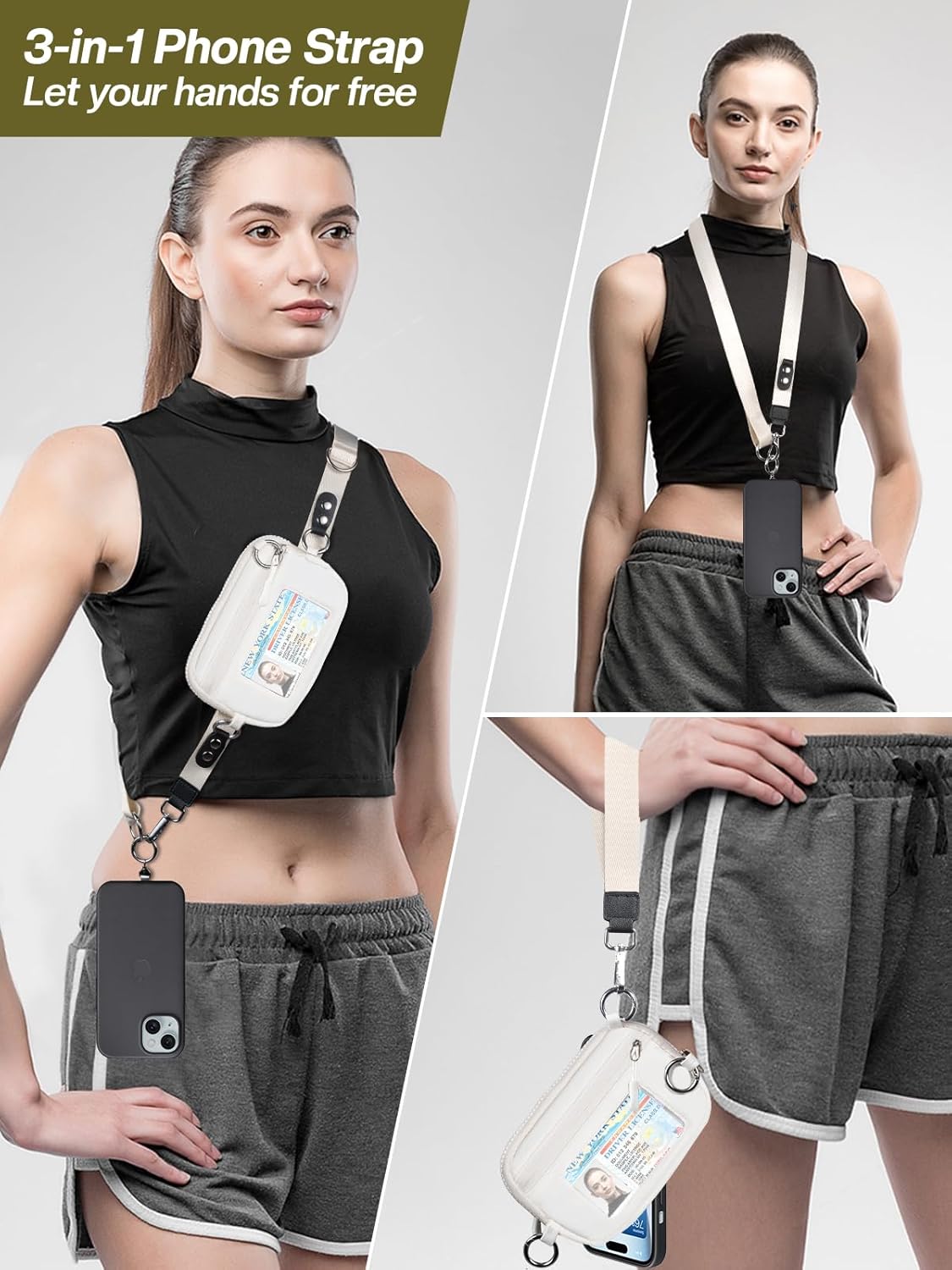 Clip and Go Strap for Phone with Wallet Crossbody Phone Lanyard Adjustable and Detachable RFID Wristlet Wallet with ID Window and Zipper, Cream