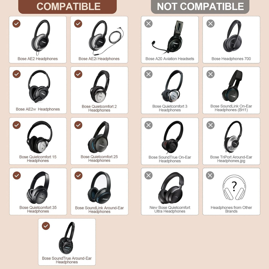 Aurivor Replacement Ear Pads Cushions for Bose QuietComfort QC 35 (ii) 25 15 2 Headphones, Upgraded Earpads for QC35 (ii) QC25 QC15 QC2 SoundTrue/SoundLink AE2/AE2i/AE2w Around-Ear Headphones (Brown)