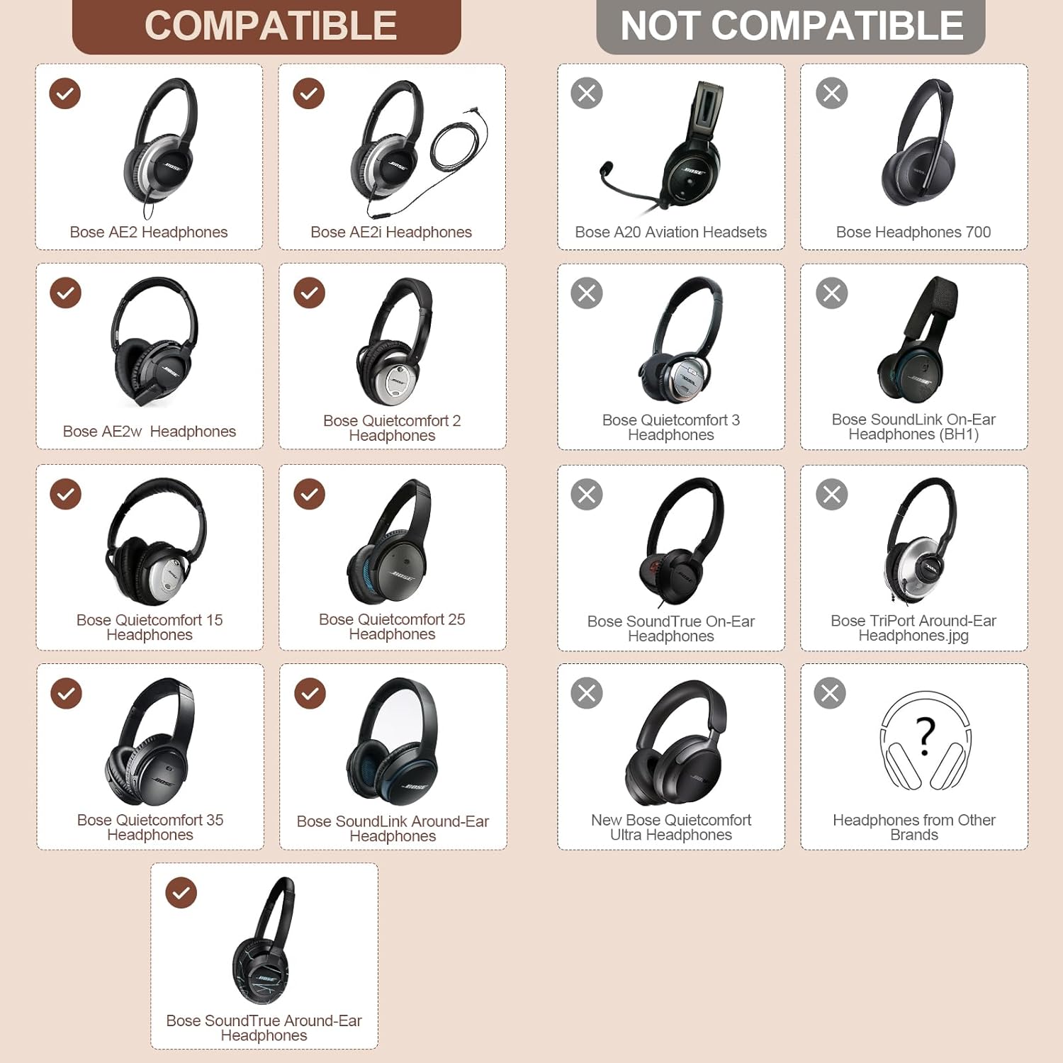 Aurivor Replacement Ear Pads Cushions for Bose QuietComfort QC 35 (ii) 25 15 2 Headphones, Upgraded Earpads for QC35 (ii) QC25 QC15 QC2 SoundTrue/SoundLink AE2/AE2i/AE2w Around-Ear Headphones (Brown)