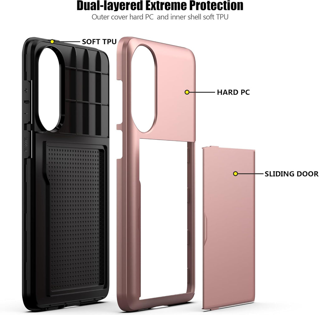 Nvollnoe for Samsung Galaxy S25 Edge Case with Card Holder Dual Layer Heavy Duty Protective Case Hidden Card Slot Slim Wallet Cover for Samsung S25 Edge 6.7''(Rose Gold)