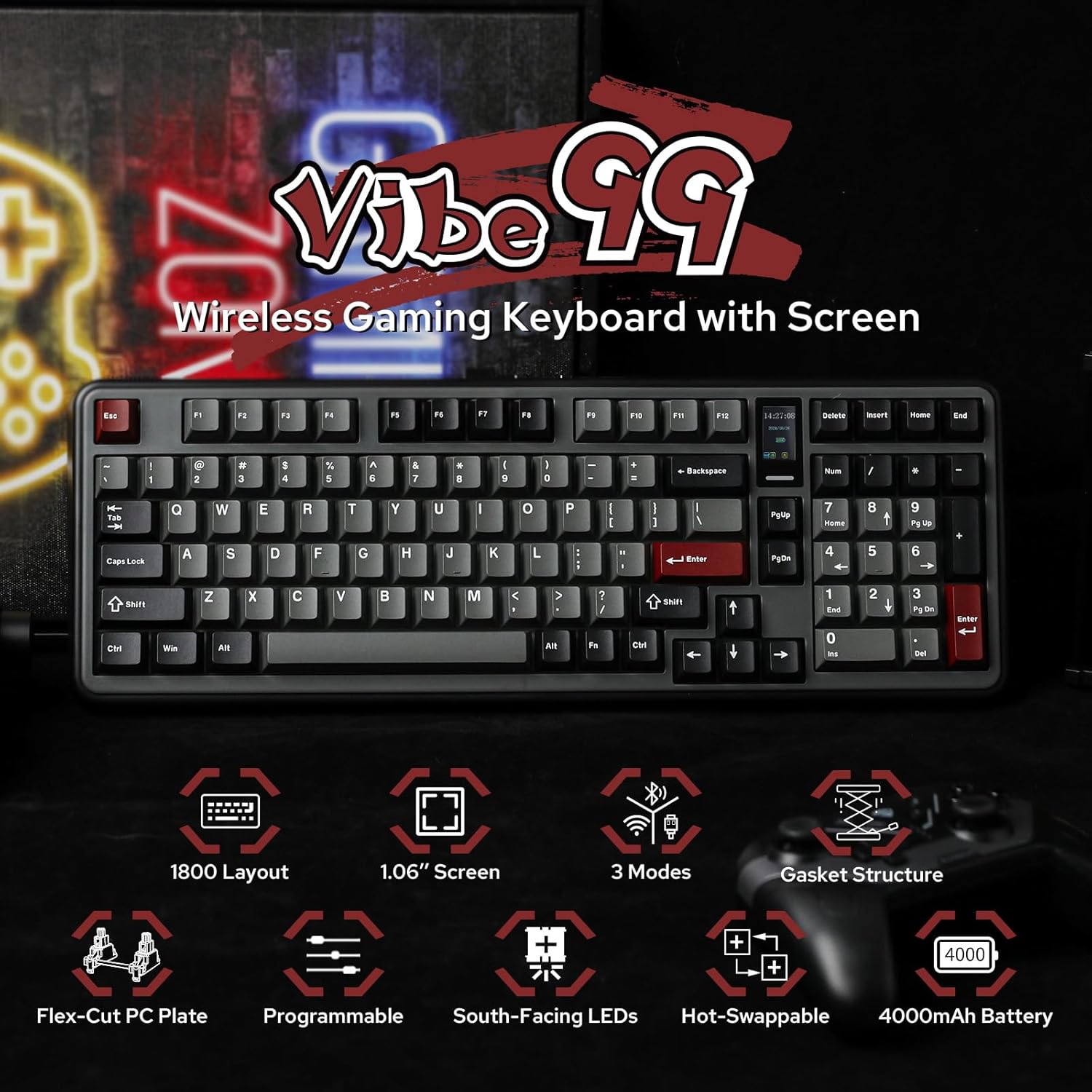 Vibe99 Wireless Gaming Keyboard with 1.06'' Screen, 96% Hot Swappable Creamy Mechanical Keyboard with Gasket Structure, BT5.0/2.4GHz/USB-C, 5-Layer Padding, RGB, NKRO for Win/Mac (Black)