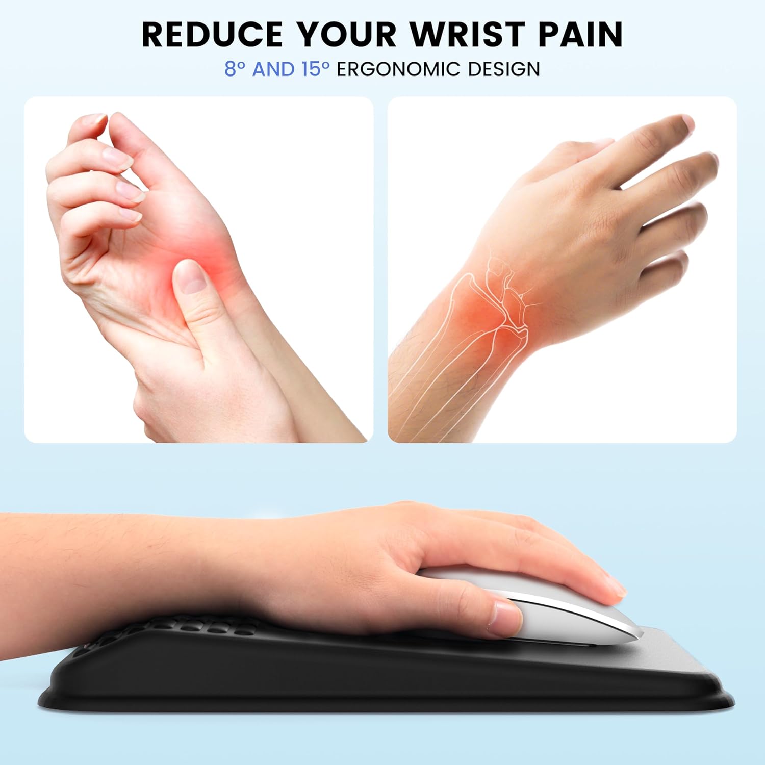 MEKASS Ergonomic Mouse Pad with Wrist Support, Wrist Rest Mousepad for Carpal Tunnel Pain Relief, Memory Foam with Massage Design, Non-Slip PU Base for Office and Home (Classic Black)