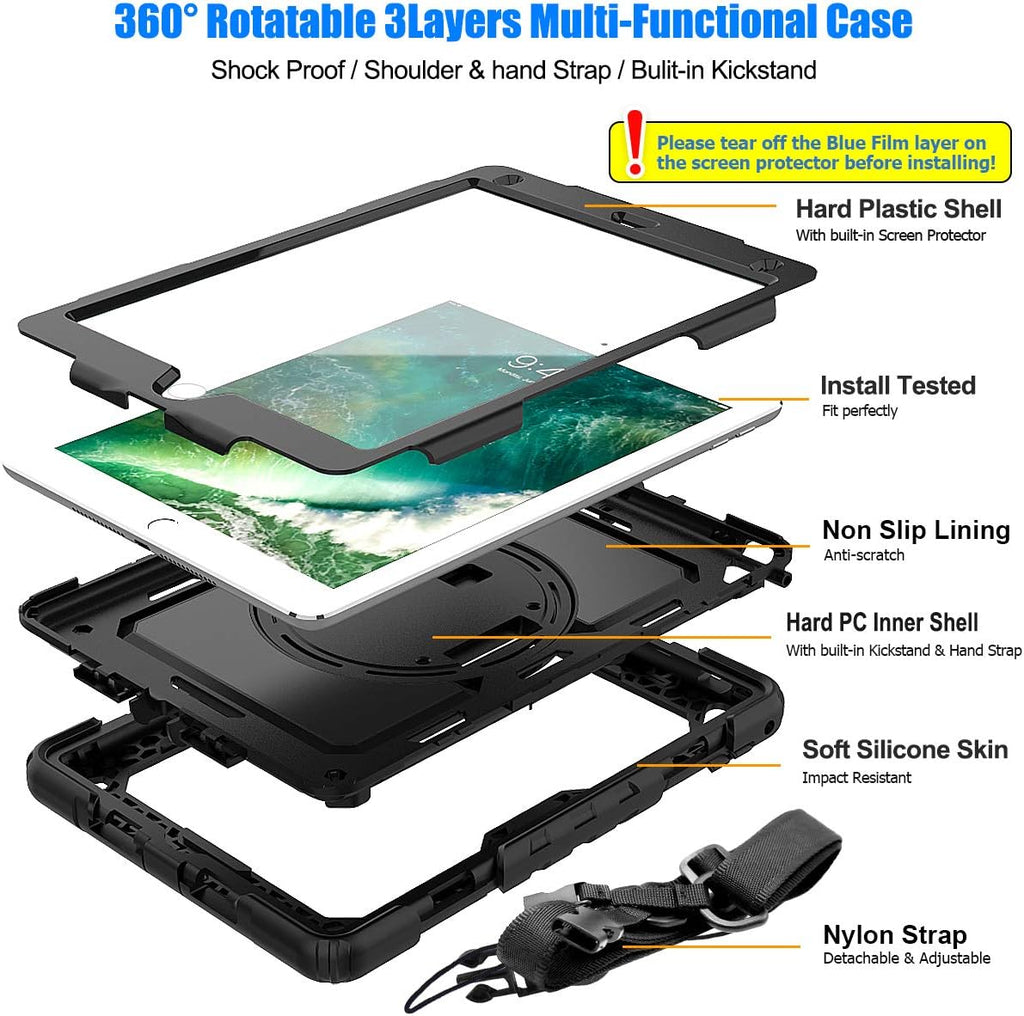 SEYMAC stock Case for iPad 6th / 5th Generation Case/Air 2 / Pro 9.7 inch, Heavy Duty Protective with Screen Protector, with Pencil Holder, Hand Strap, Shoulder Strap, 360 Rotate Stand, Black