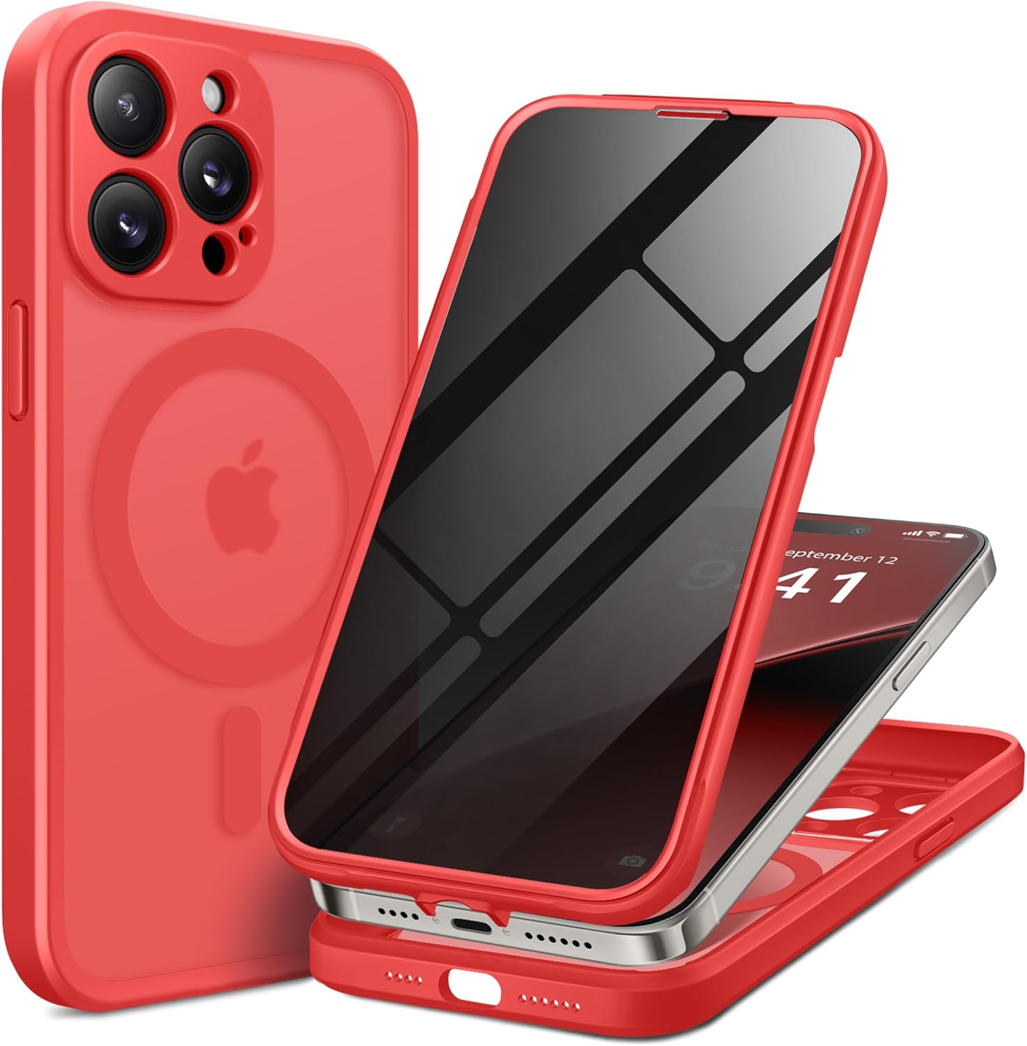 BERFY Magnetic for iPhone 14 Pro Max Case, Compatible with MagSafe, Built-in Privacy Screen Protector and Upgraded Camera Protection, Anti-Spy Full Body Shockproof Phone Case for 14 Pro Max 6.7", Red