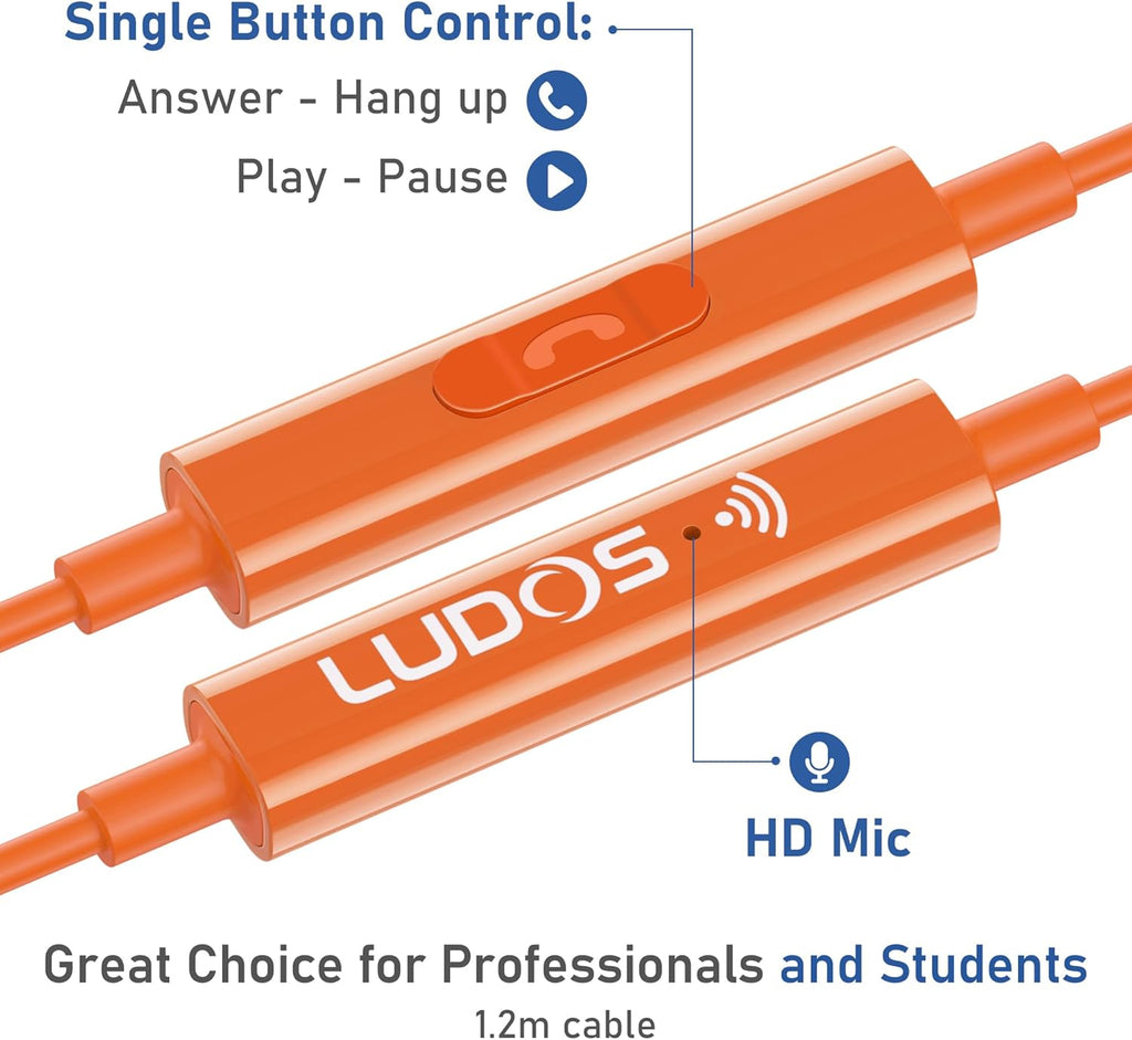LUDOS OMNITONE USB C Headphones for iPhone 16 15 Pro Max Plus iPad Pro, 5 Years Warranty, USB-C Earbuds for Samsung Galaxy S24 S23 S22 S21 S20 A55 A54 A53, USB Type C Earphones - Orange