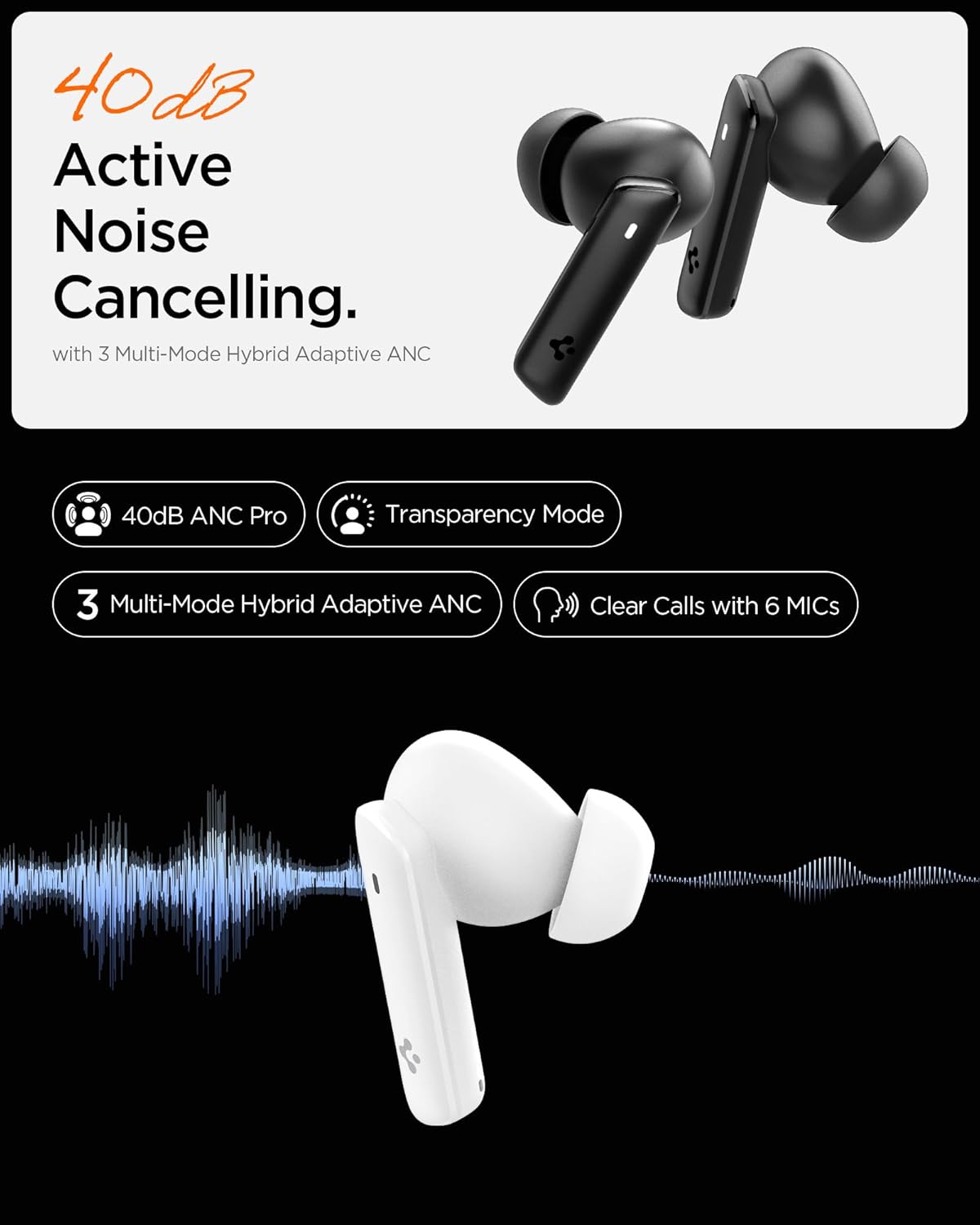 Spigen True Wireless Earbuds, Active Noise Cancellation Bluetooth Headphones with 30H Playtime, EQ Customizing App, 6 Mics, Gaming Mode, LCP Graphene Driver - Black