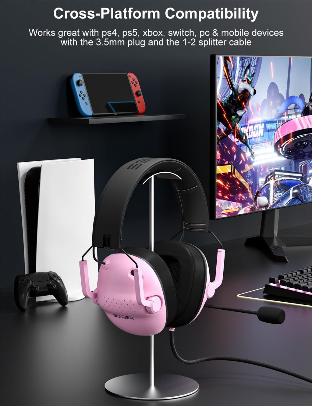 SENZER SG500 Surround Sound Pro Gaming Headset with Noise Cancelling Microphone - Soft Memory Foam Padding - Portable Foldable Headphones for PC, PS4, PS5, Xbox One, Switch - Pink