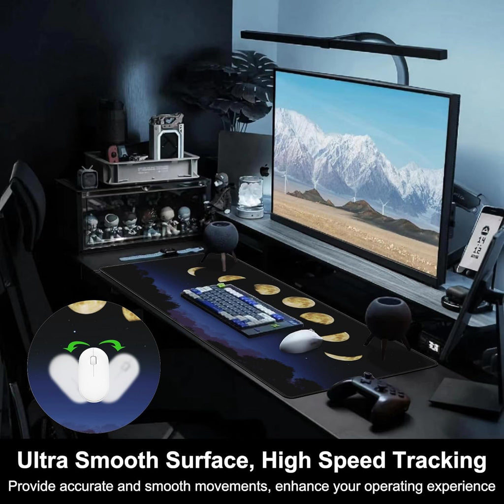 Mouse Pad, Large Moon Phase and Forest Desk Mat, Extended Non-Slip Gaming Keyboard Mousepad Desk Pad, Thick Stitched Edges Waterproof Mouse Mat 31.5"x15.7" (Moon Phase Changes)
