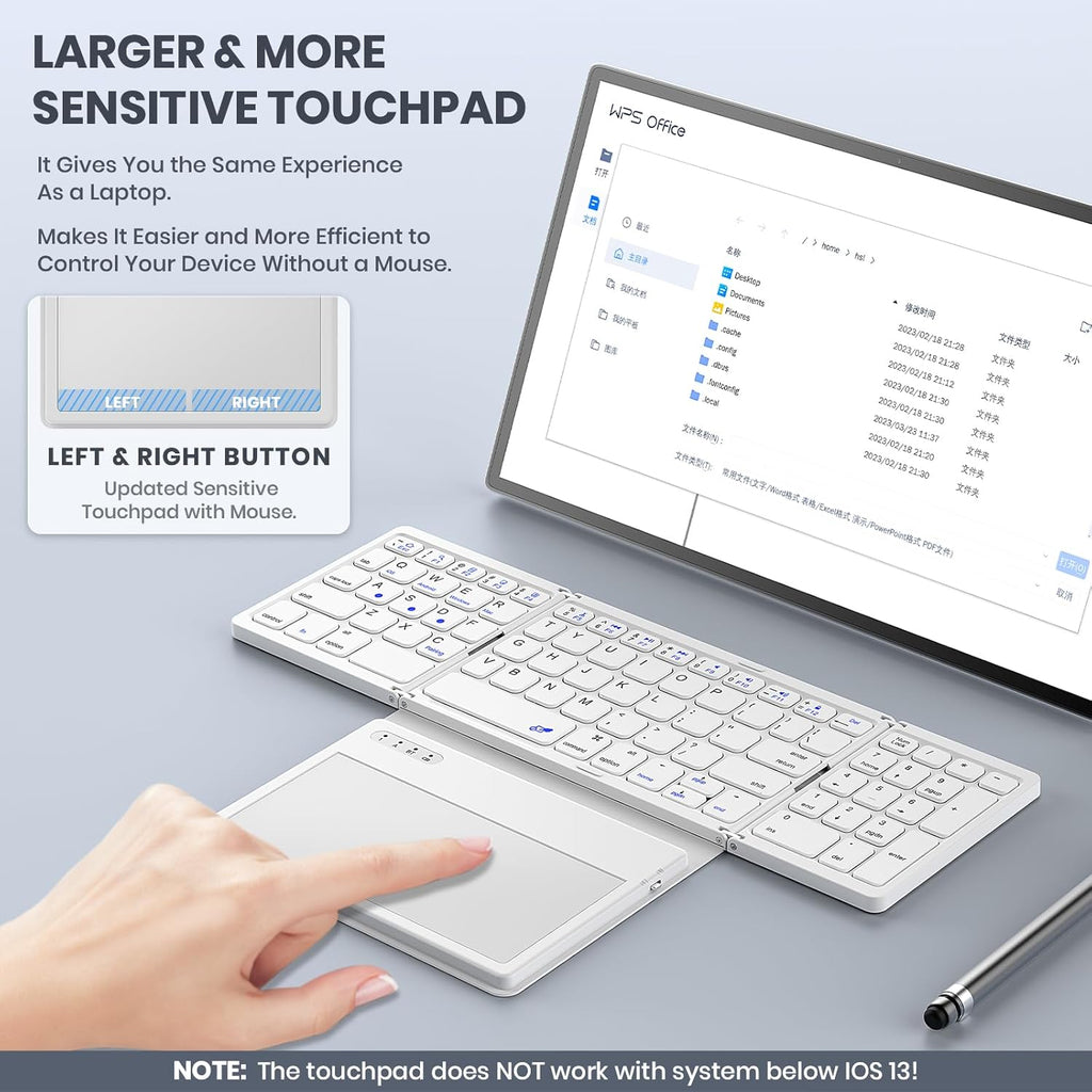 Foldable Bluetooth Keyboard, Portable Full Size Folding Keyboard with Large Touchpad, Numeric Keypad, PU Leather, Wireless Travel Keyboard for Windows Android Mac(White)