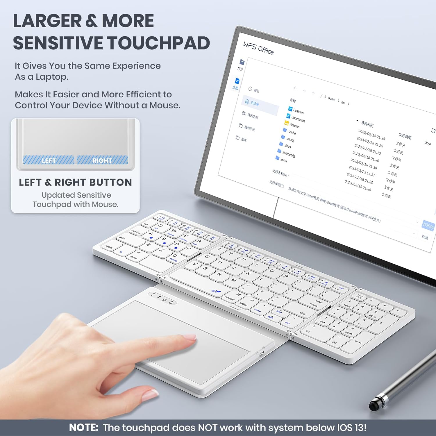 Foldable Bluetooth Keyboard, Portable Full Size Folding Keyboard with Large Touchpad, Numeric Keypad, PU Leather, Wireless Travel Keyboard for Windows Android Mac(White)