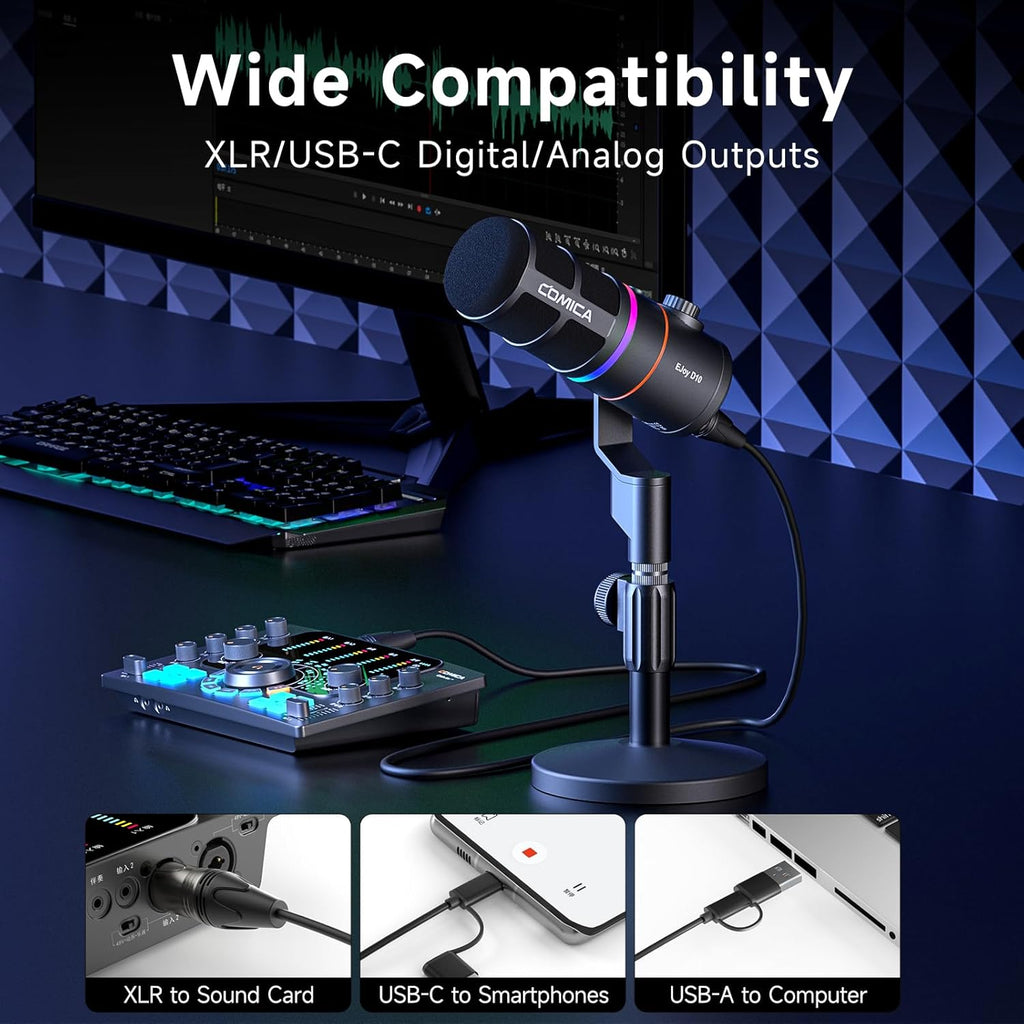 COMICA EJoy D10(D) USB Gaming Microphone – RGB Dynamic Mic with Noise Cancellation, XLR/USB-C, Real-Time Monitoring, Muting, Professional Studio Mic for Gaming, Streaming, Podcast, Recording (Black)