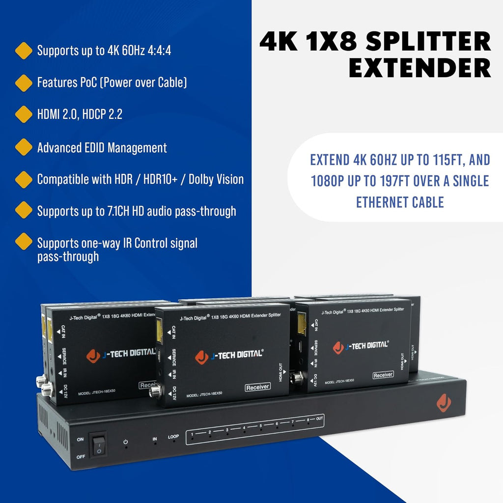 J-Tech Digital HDMI 2.0 4K Extender Splitter Over Single Cable CAT6 with PoC Up to 196 FT 1-in 8-Out w/Local Loop Output & Low Latency [JTECH-18EX50]
