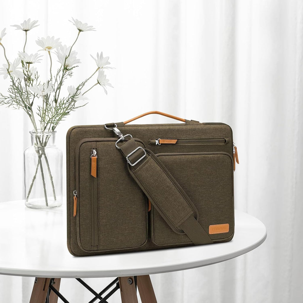 MOSISO 360 Protective Laptop Shoulder Bag,15 inch Computer Bag Compatible with MacBook Air M4 M3 M2/Pro A1990 A1707, Dell XPS Plus,Side Open Messenger Bag with 4 Zipper Pockets&Handle, Carob Brown