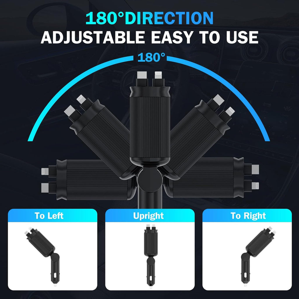 Car Charger with Starlight, 66W USB C Fast Car Charger Adapter, 4 in 1 Retractable Car Chargers with 2 USB Ports for iPhone 15/14/13/12/11 and for Android (Dark Black)