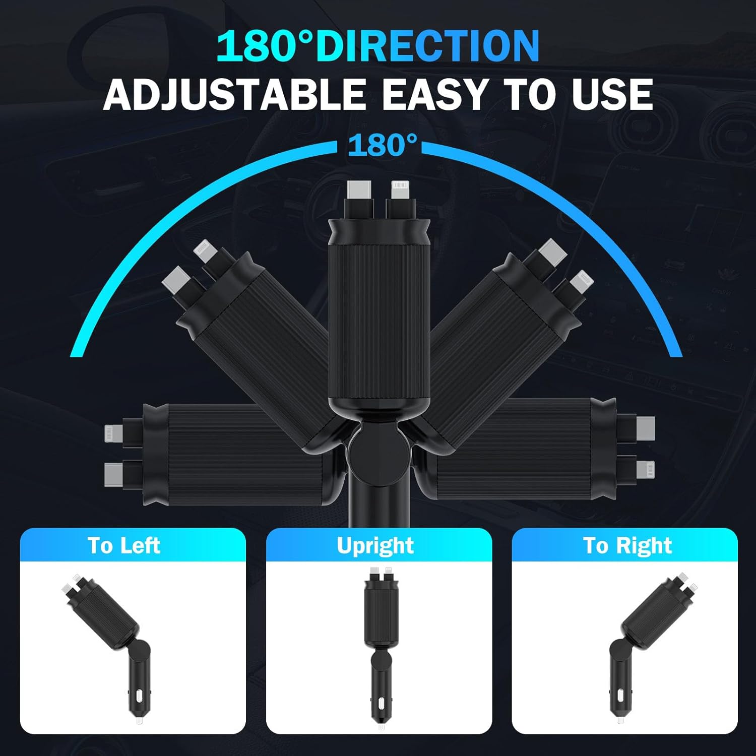 Car Charger with Starlight, 66W USB C Fast Car Charger Adapter, 4 in 1 Retractable Car Chargers with 2 USB Ports for iPhone 15/14/13/12/11 and for Android (Dark Black)