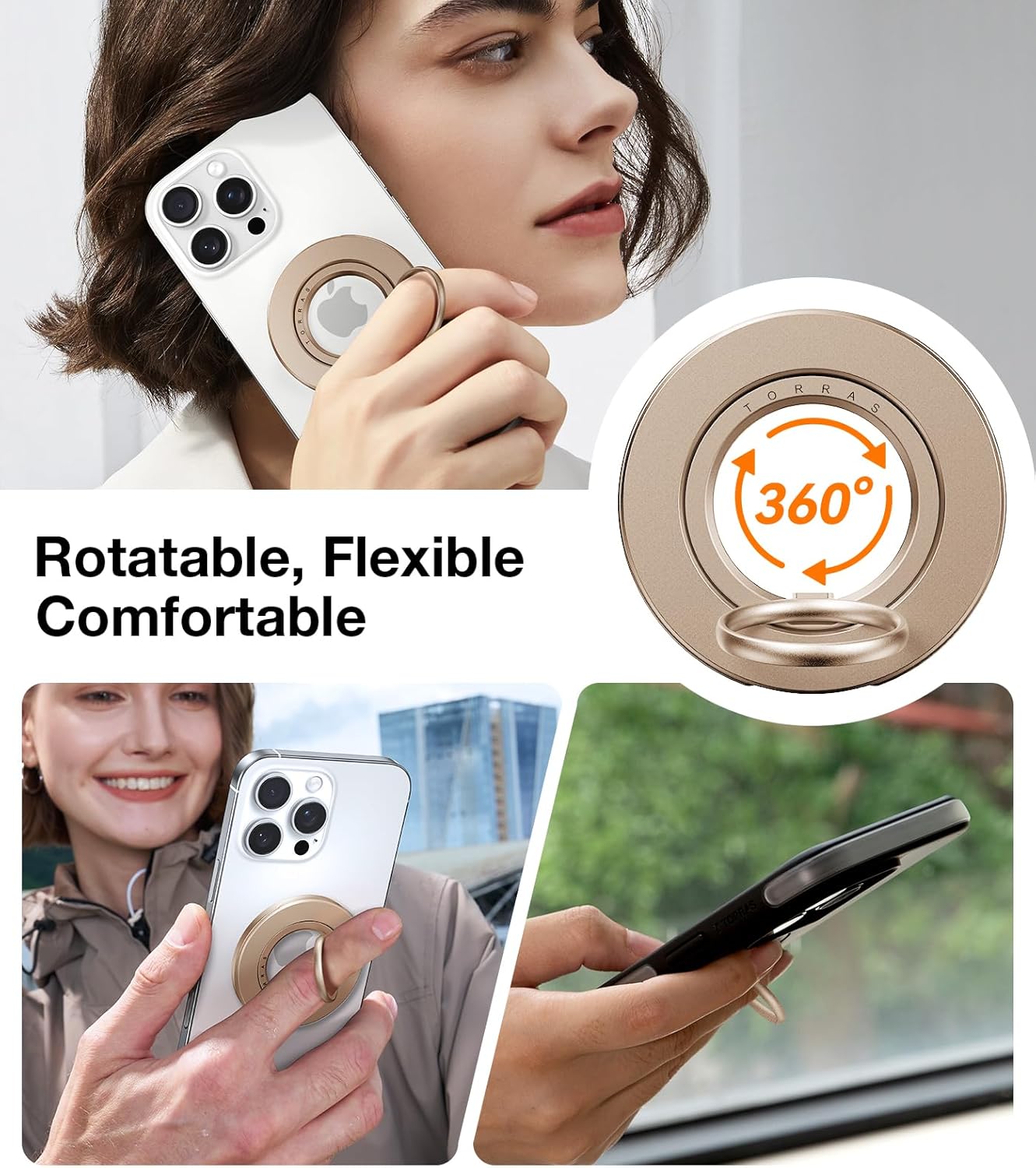 TORRAS 2025 Upgrade [Dual-Ring] Fit for MagSafe Phone Grip Ring Holder Compatible with MagSafe Kickstand Magnetic for iPhone 16/15/14/13/12/11 Samsung, Google Accessories, Desert Titanium Gold