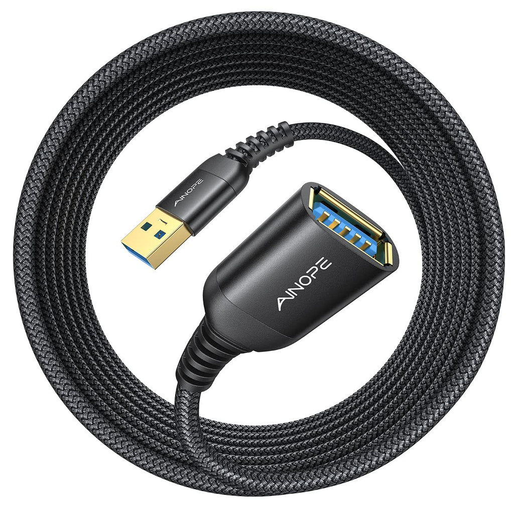 AINOPE 2 Pack USB Extensions Cable High Speed USB 3.0 Extension Cord Type A Male to Female Sturdy Braided Material Fast Data Transfer Compatible with USB Keyboard,Mouse,Flash Drive,Black,16FT+16FT
