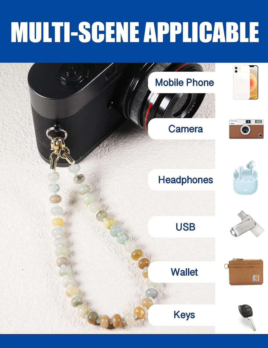 Handmade Natural Gemstone Crystal Beaded Charm Cell Phone Camera Lanyard, Hands-Free Wrist Strap, Phone Chain String, Keychain Decor for Walle (Blue Aventurine﻿)