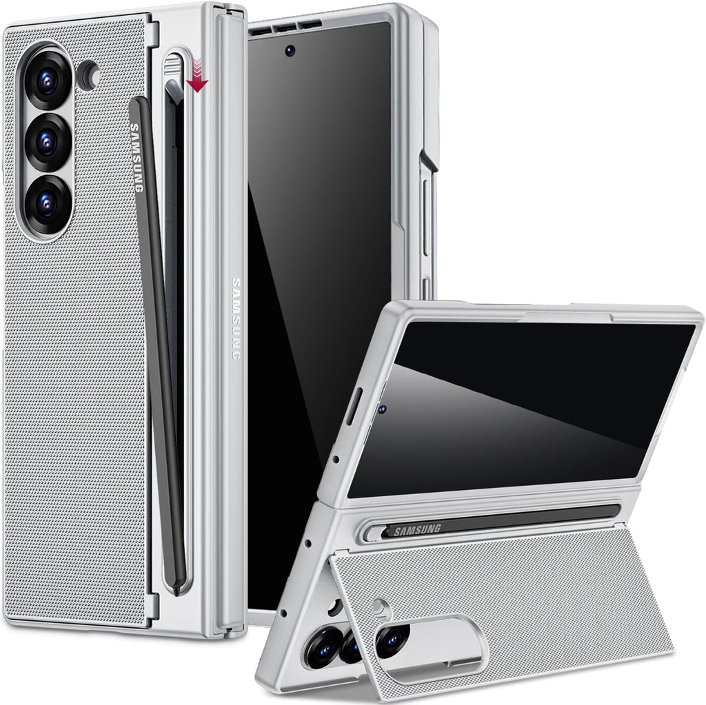 Miimall for Galaxy Z Fold 6 Case with S Pen Holder Slot [Military Grade Drop] [Built-in Privacy Screen & Invisible Kickstand] Slim Thin Protective Phone Case for Galaxy Z Fold 6 5G Cover Silver
