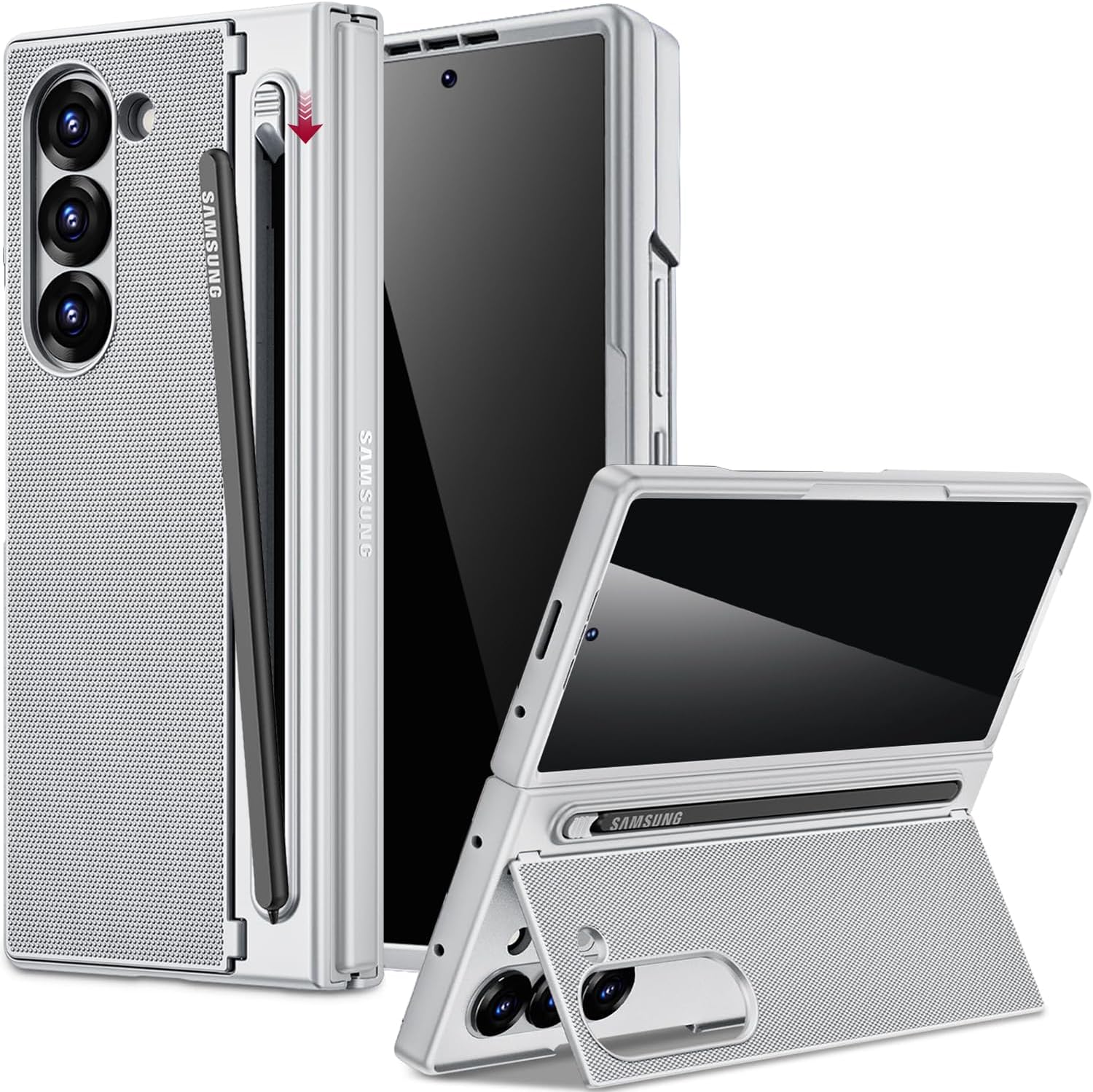 Miimall for Galaxy Z Fold 6 Case with S Pen Holder Slot [Military Grade Drop] [Built-in Privacy Screen & Invisible Kickstand] Slim Thin Protective Phone Case for Galaxy Z Fold 6 5G Cover Silver