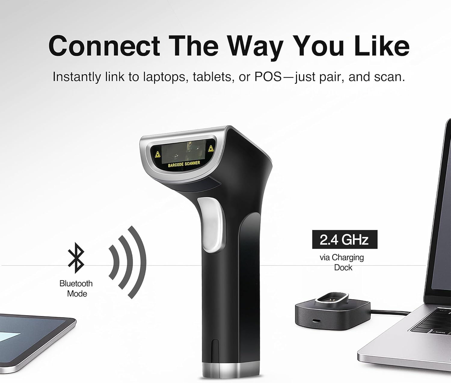 Scanmarker 1D/2D Wireless Barcode Scanner – Boost Speed & Accuracy with Bluetooth & 2.4G Modes – Handheld QR Code Scanner with Charging Stand for Easy scanning on Laptop, iOS & Android