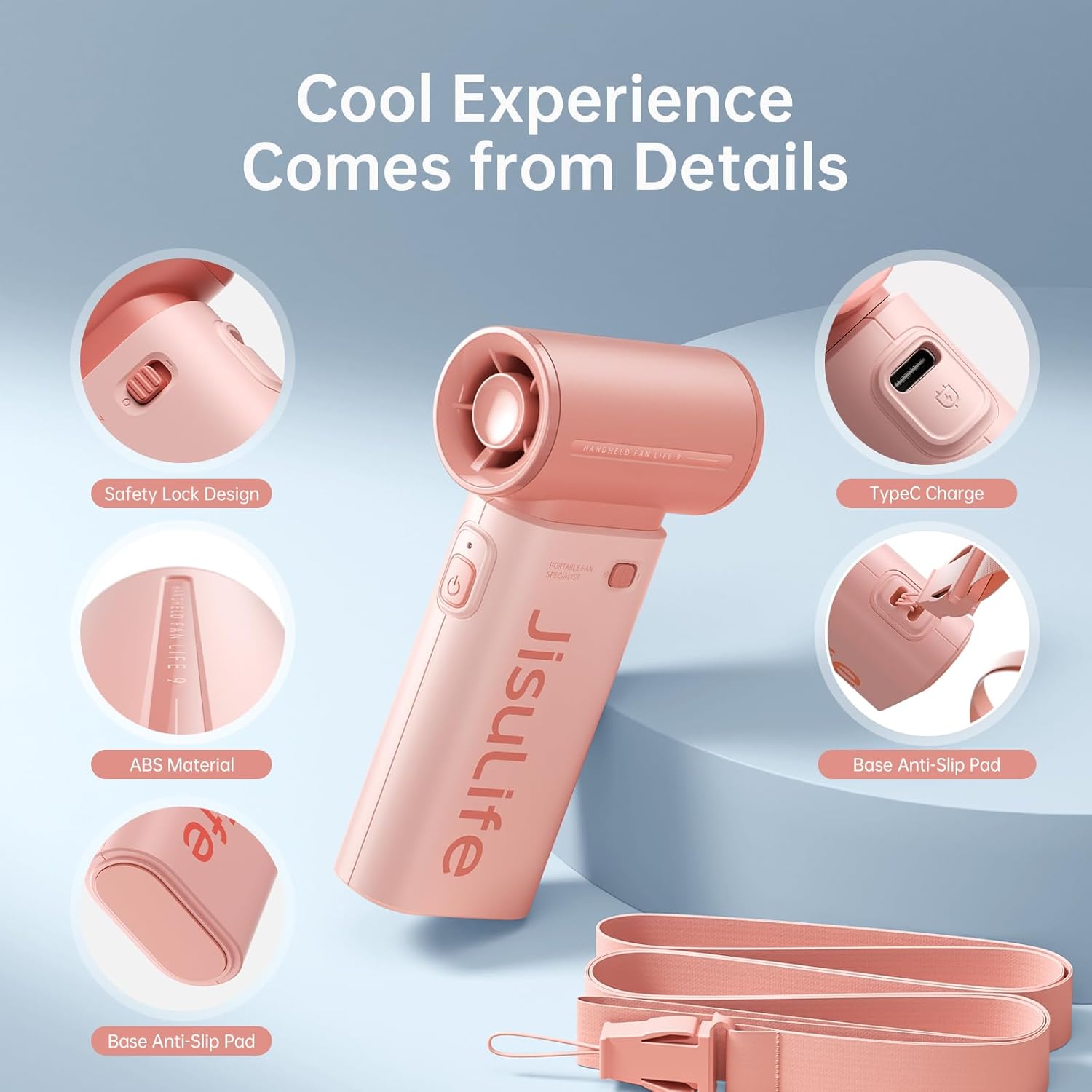 JISULIFE Portable Handheld Fan Life9, Turbo Power High Speed Air [18H Max Cooling Time], 5 Gear Wind, 5000mAh Rechargeable, Mini Pocket Design, Personal Fan for Travel Concerts Camping Makeup - Pink