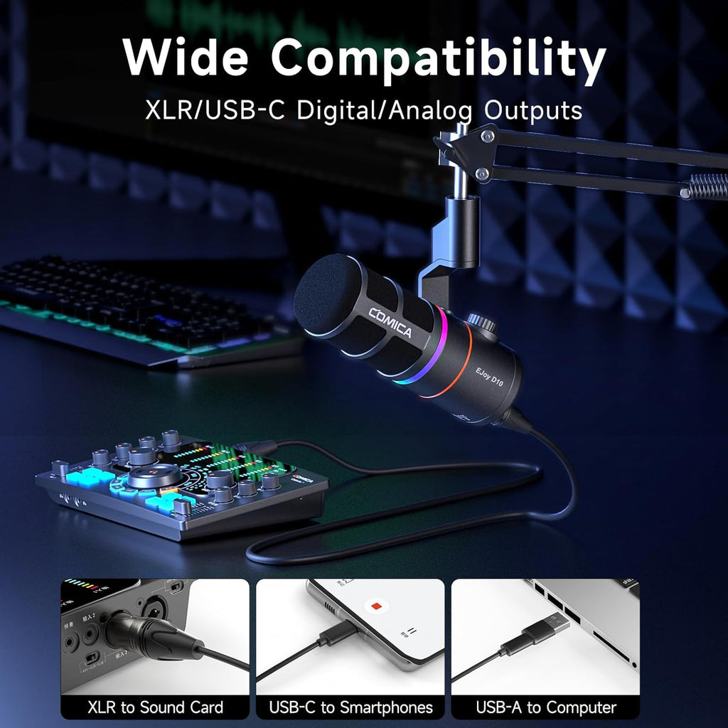 COMICA EJoy D10(A) USB Gaming Microphone – Boom Arm Mic with Noise Cancellation, XLR/USB-C, Real-Time Monitoring, Muting, RGB Professional Studio Mic for Gaming, Streaming, Podcast, Recording (Black)