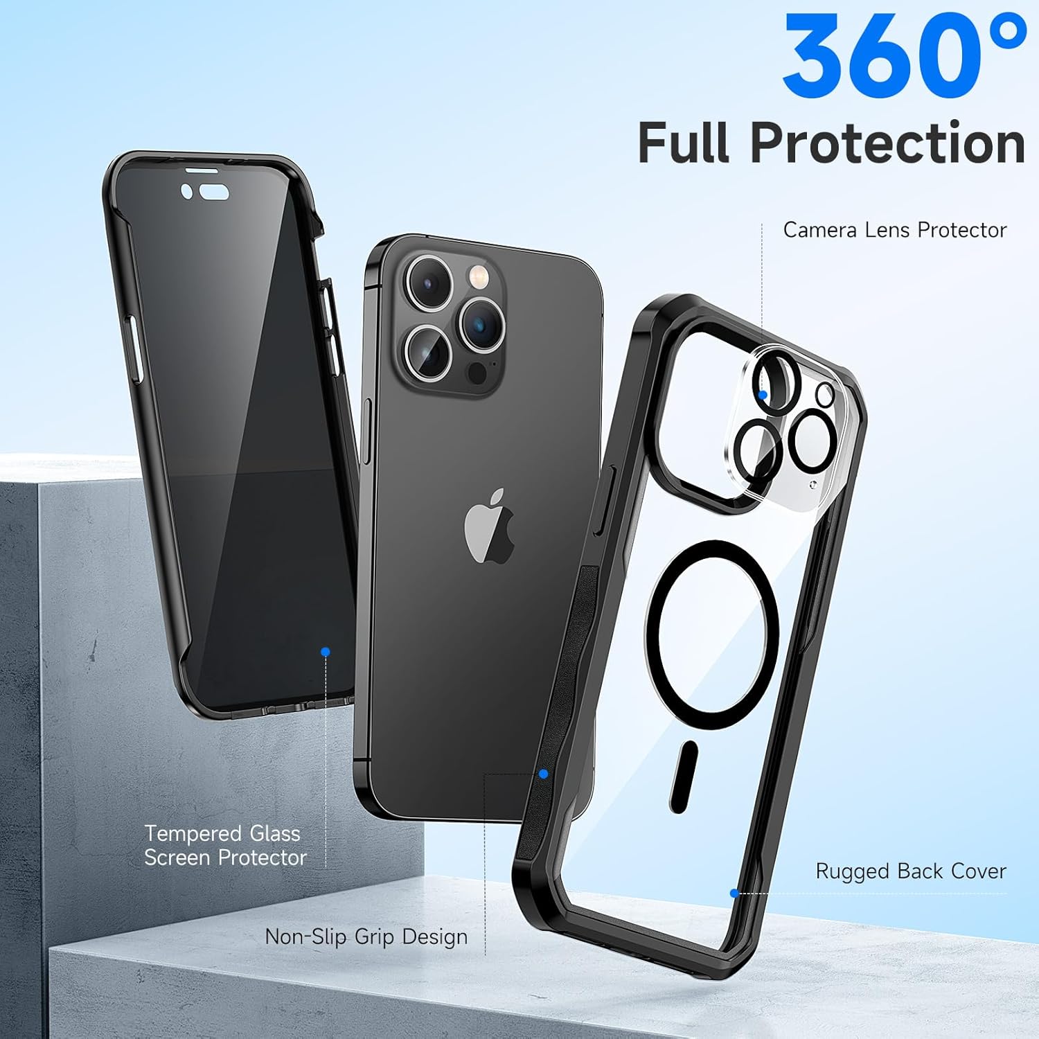 seacosmo for iPhone 14 Pro Case, Full Body Bumper with Built-in 9H Tempered Glass Privacy Screen Protector and Camera Lens Protector, Compatible with MagSafe, Shockproof Phone Cover, 6.1", Black