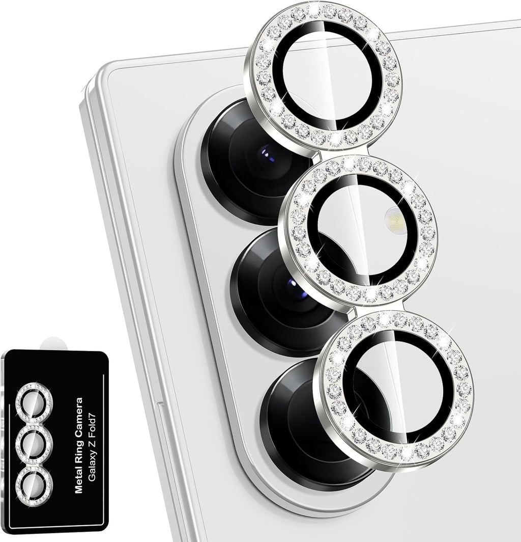 for Samsung Galaxy Z Fold 7 Camera Lens Protector, Individual Metal Ring Tempered Glass Lens Cover, [Strong Adsorption] Scratch Resistant Ultra-Thin HD Clear Lens Cover, 1 Set-Slivery Diamond