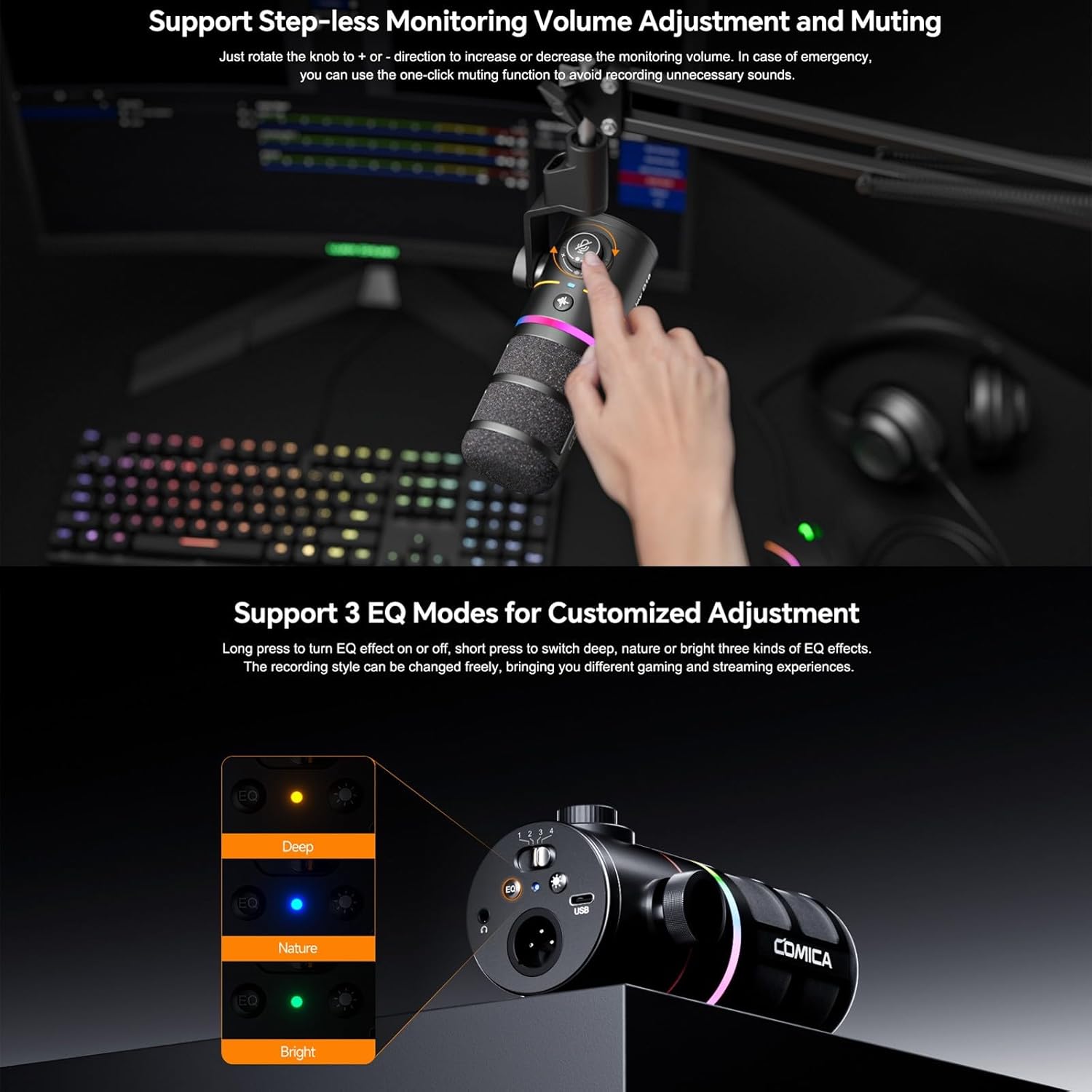 COMICA D10 Pro A Wireless/XLR/USB Dynamic Microphone with Receiver Boom Arm Stand- Dual Channel Cardioid Mic, 45H Battery, RGB Lights, CalMix Denoise for Gaming/Streaming/PD(PC, PS4/5, Mac,Phone)White