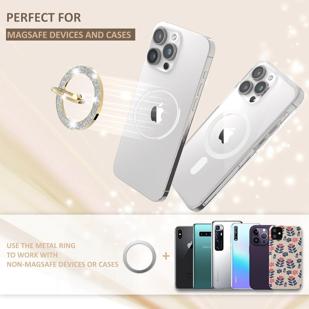 Magnetic Phone Ring Holder for MagSafe, Magnetic Phone Grip for iPhone, Compatible with iPhone MagSafe Wireless Charging. (Glitter Gold)