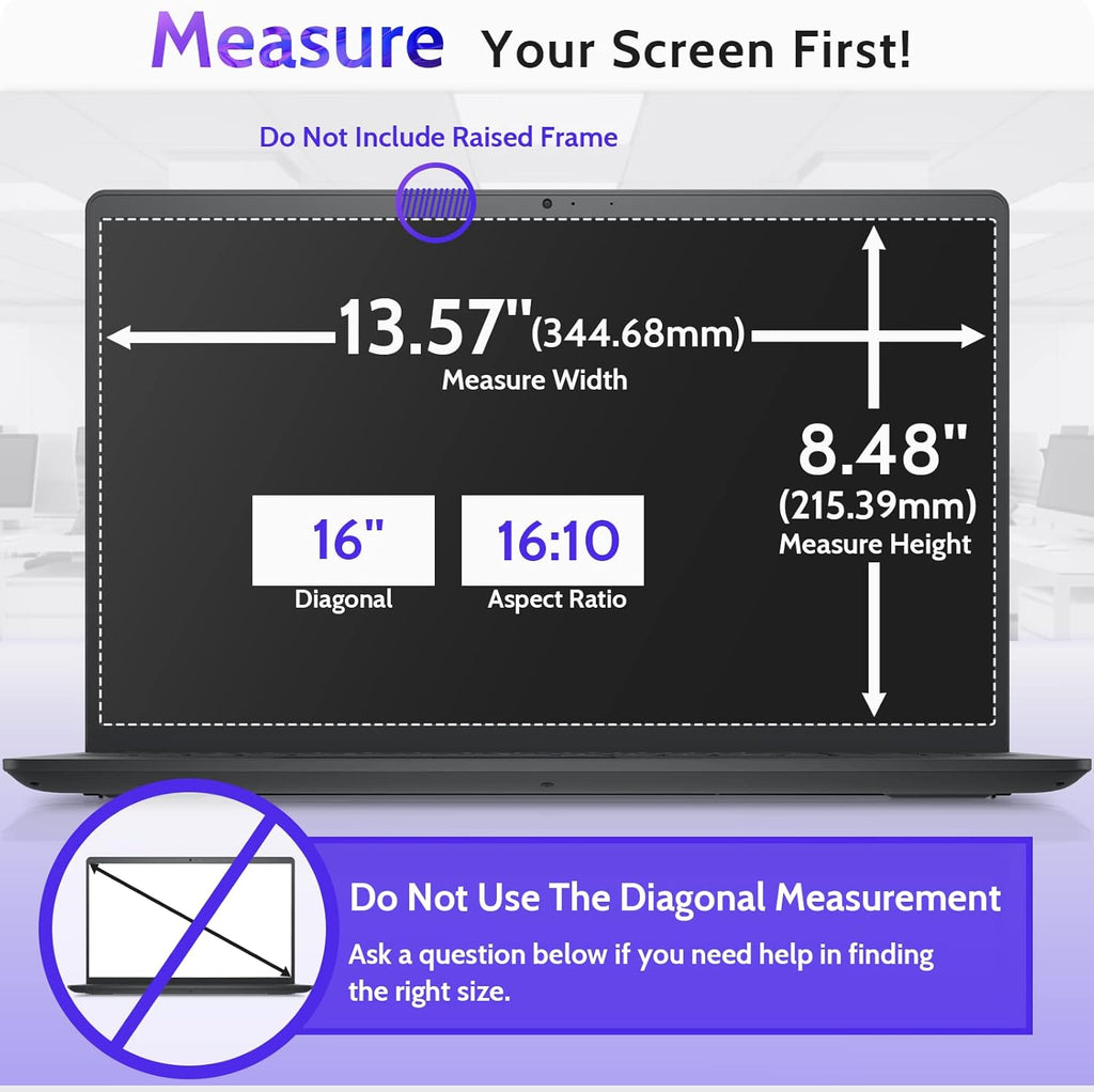 16 Inch Laptop Privacy Screen Compatible with Lenovo Hp Dell Acer Asus Thinkpad Envy Xps Computer 16:10 Aspect, Removable Anti Glare Blue Light Filter Protector, 16" Monitor Security Shield