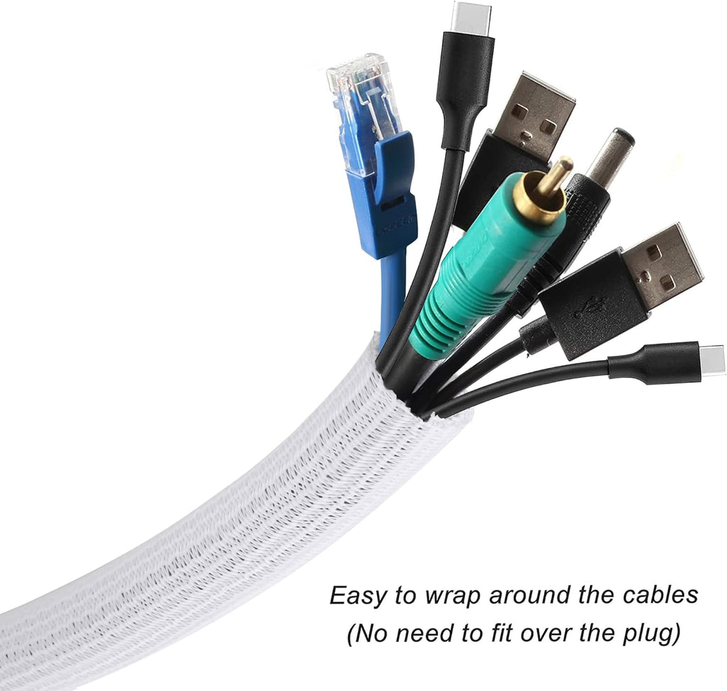 CrocSee 10ft - 1 inch Braided Cable Management Sleeve Cord Protector - Self-Wrapping Split Wire Loom for TV/Computer/Home Theater/Engine Bay - White