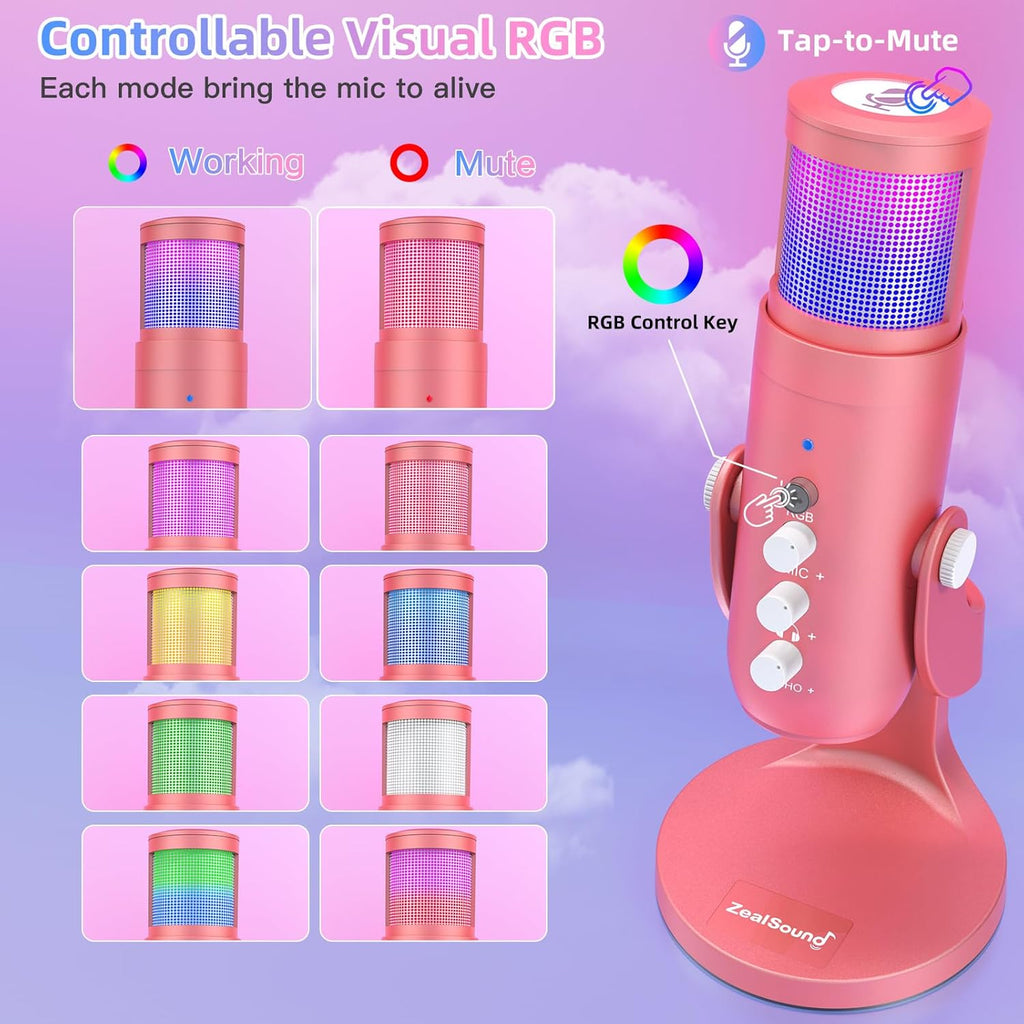 ZealSound USB Gaming Microphone for iPhone PC Type C Phone,Noise Cancellation,K66 RGB Condenser Mic with Controllable Led Lights,Echo,Touch Mute,Monitor,Gain for Podcast,Gaming,Podcasting,ASMR (Pink)