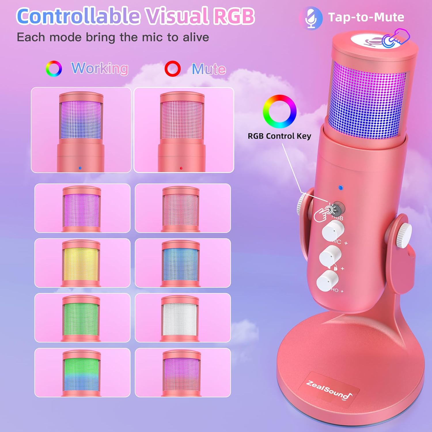 ZealSound USB Gaming Microphone for iPhone PC Type C Phone,Noise Cancellation,K66 RGB Condenser Mic with Controllable Led Lights,Echo,Touch Mute,Monitor,Gain for Podcast,Gaming,Podcasting,ASMR (Pink)
