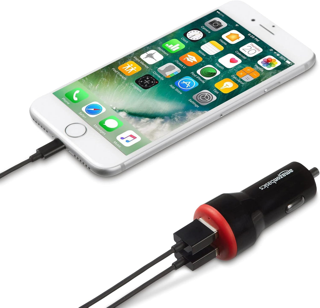 Amazon Basics 24W 2-port USB-A Car Charger for Phones (iPhone 16/15/14/13/12/11/X, Samsung, and more), non-PPS, Black/Red