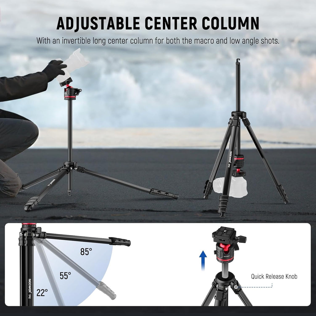 NEEWER Basics 66.5"/169 cm Travel Tripod for Camera, Lightweight Portable DSLR Stand with Ball Head, Arca Type QR Plate, Cell Phone Holder Compatible with iPhone Video Recording, Max Load 11 lb, TP12
