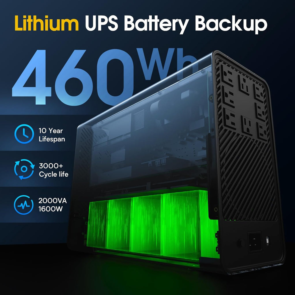 2000VA/1600W Pro Lithium UPS Battery Backup and Surge Protector, Backup Battery Power Supply with LiFePO4 Batteries(460Wh), AVR, Line Interactive Sinewave UPS System, 8 Outlets, LCD Display