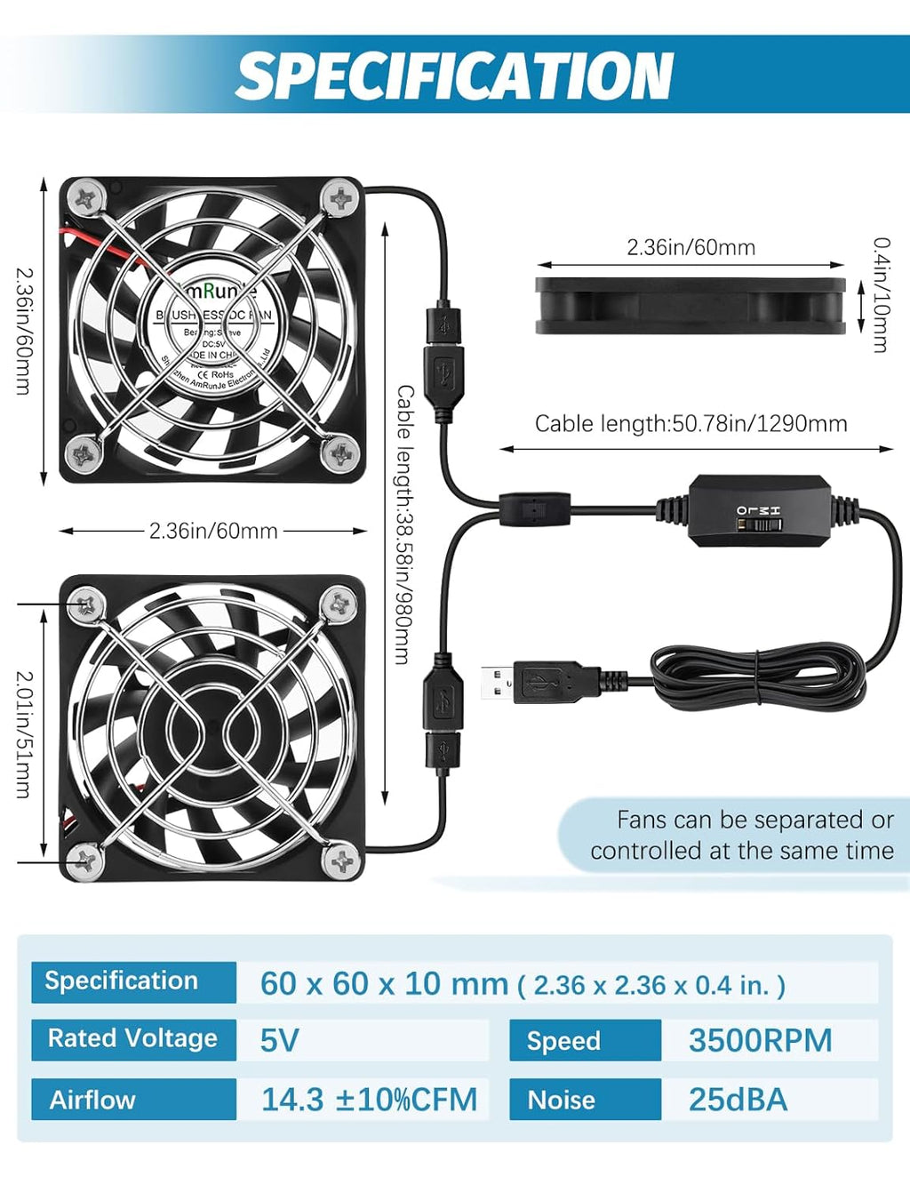 2 Packs USB Cooling Fan 60mm x 15mm 5V Brushless DC Fans Variable Speed for PC Computer Raspberry Pi Router Terrarium Helmet