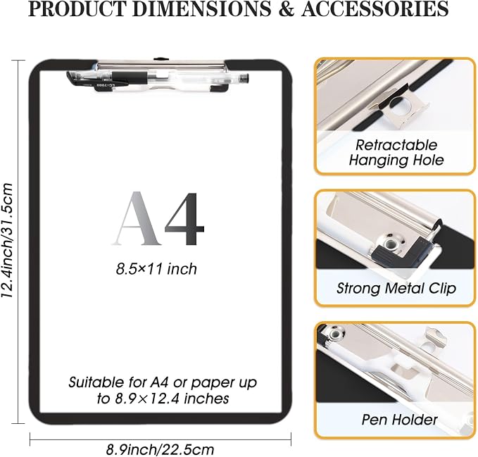 2 PCS Clip Boards 8.5x11, Standard Letter Size A4, Heavy Duty, Hanging - Image 3