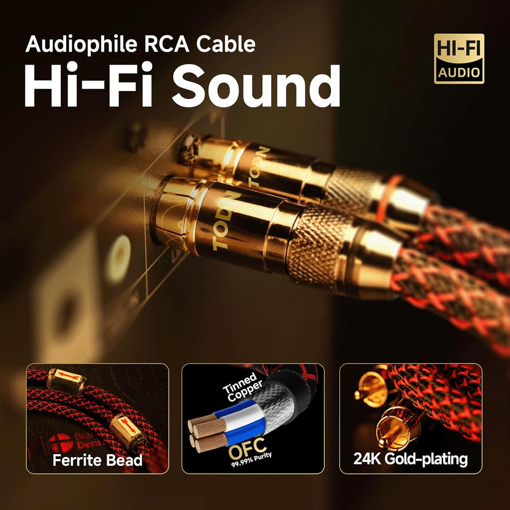 TODN Audiophile RCA to RCA Audio Cable Stereo RCA Cord with Copper Braided Shielded and Ferrite Bead for Home Theater (1.64ft/0.5m, 1 Pair)