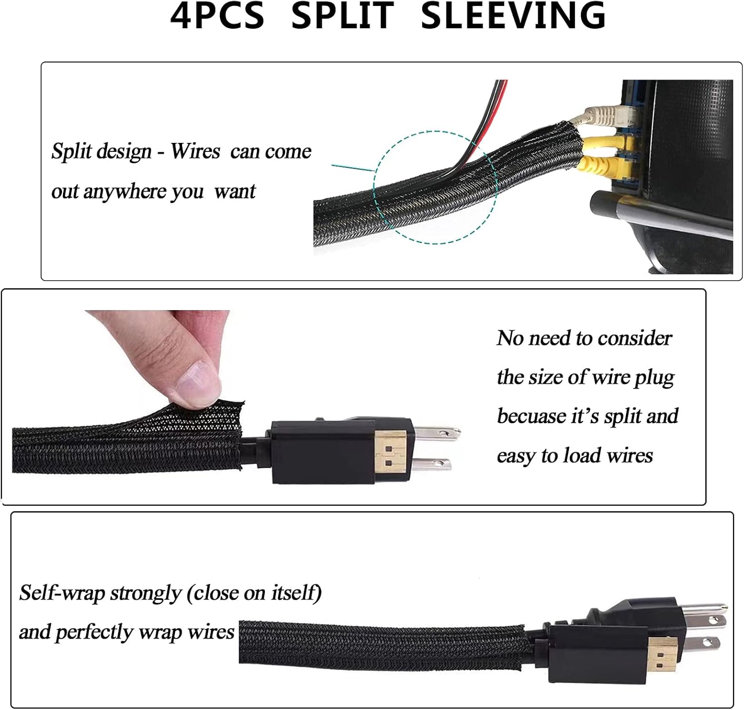 Cord Management Organizer Kit 4 Cable Sleeve split with 41Self Adhesive Cable Clips Holder, 10pcs and 2 Roll Self Adhesive tie and 100 Fastening Cable Ties for TV Office Car Desk Home
