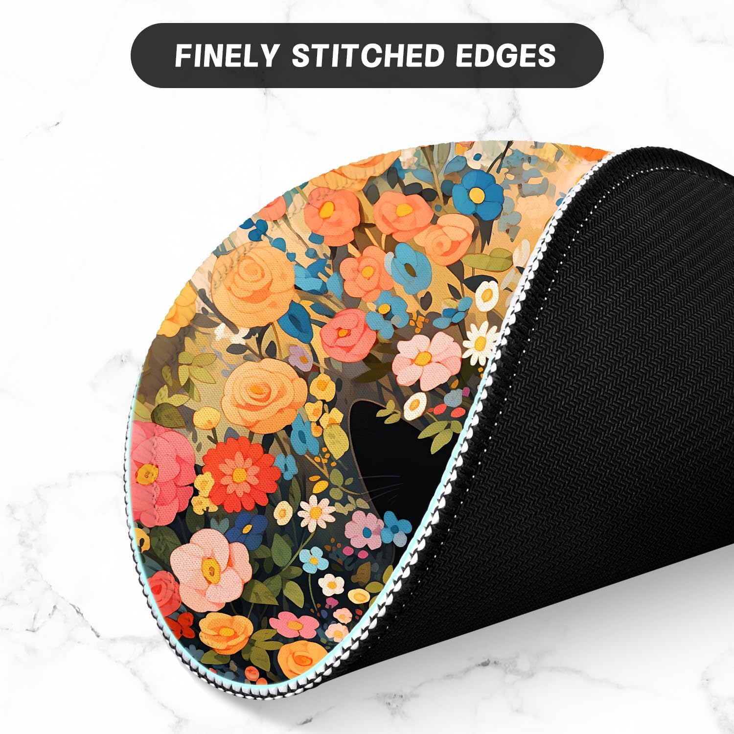 ITNRSIIET Round Mouse Pad with Stitched Edge Premium-Textured Waterproof Non-Slip Rubber Base Desktop Protection Mat Diameter 8.7 inches, Flower Cat