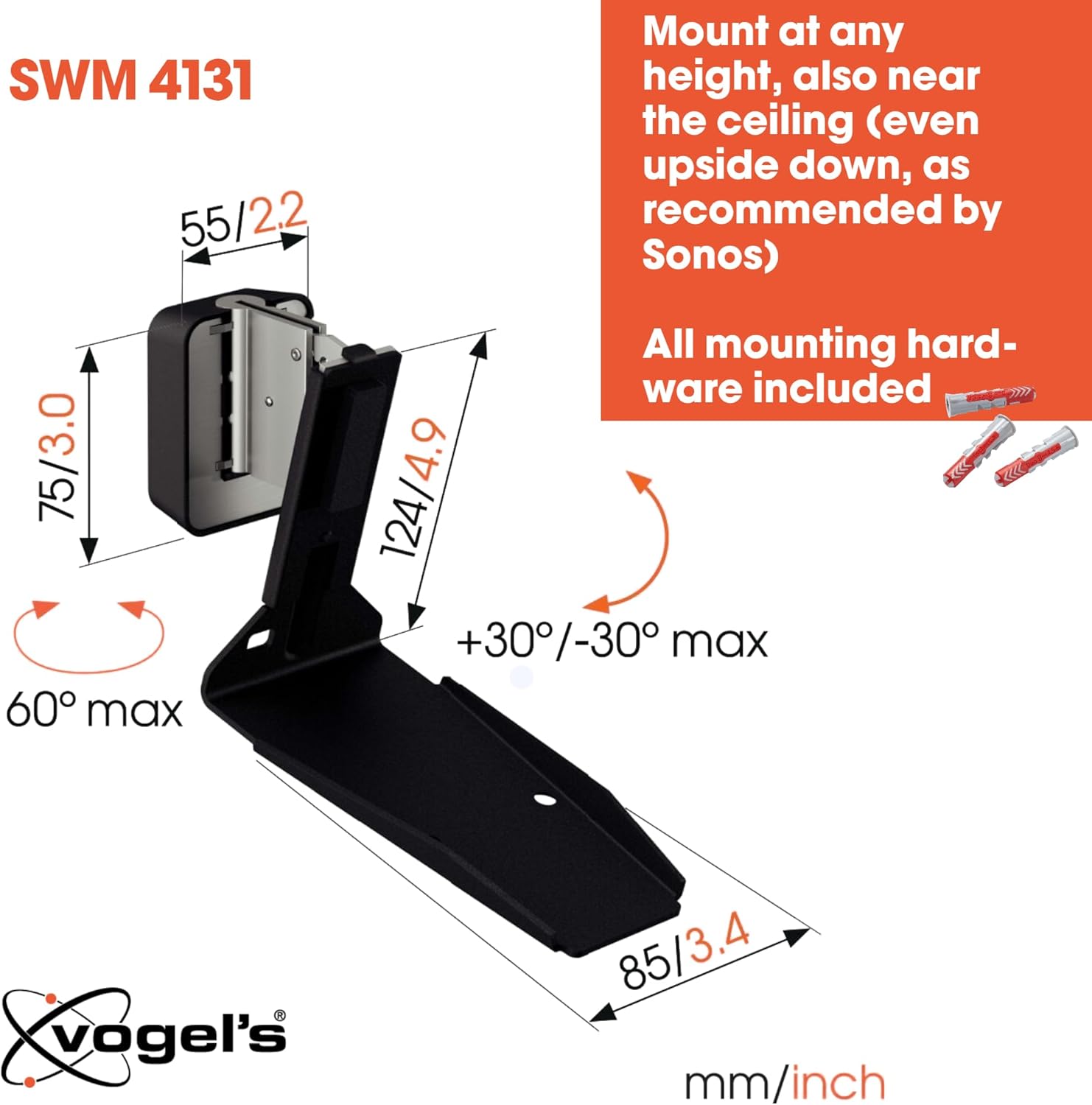 Vogel's SWM 4131 Speaker Wall Bracket for Sonos ERA 300, Max. 11 lbs (5 kg), Tiltable -30º/+30º, Swivels up to 60º (Left/Right), Black, 1 Bracket